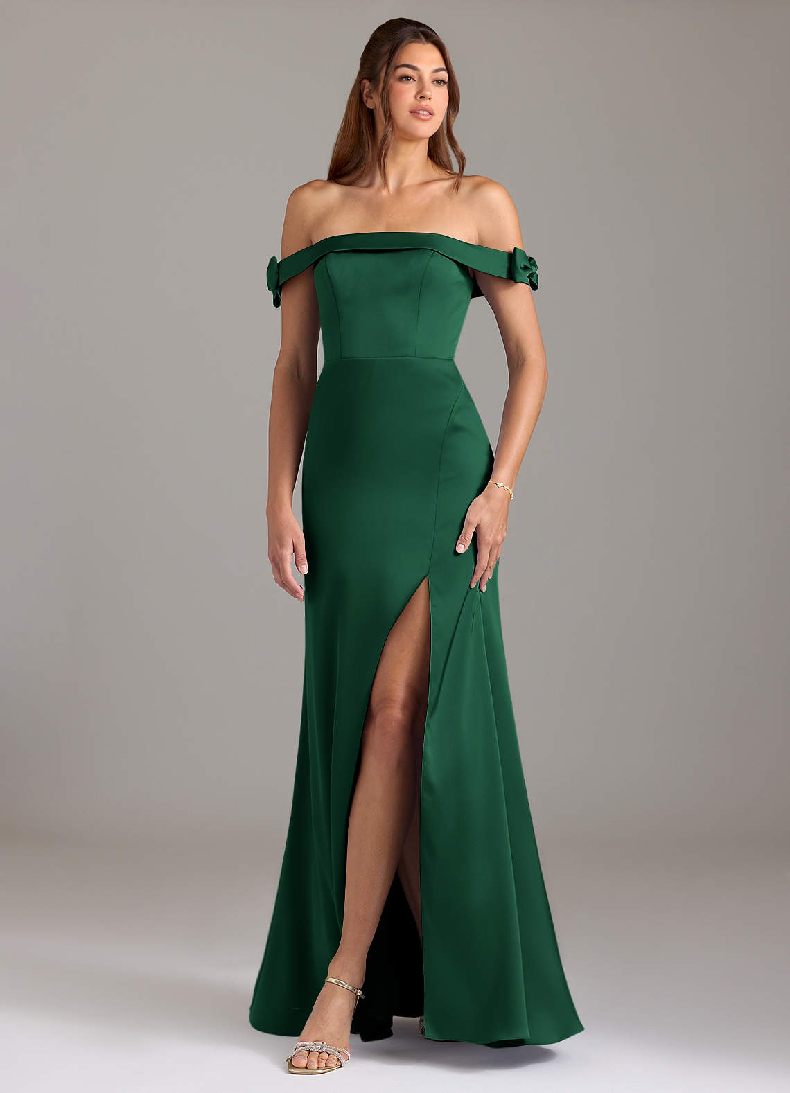 Azazie Zayla Bridesmaid Dresses Dark Green A-Line Off the Shoulder Stretch Satin Convertible Dress image1
