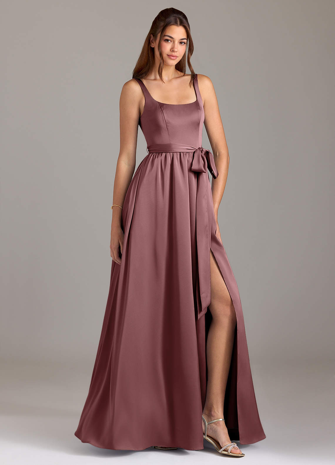 Azazie Elliott Bridesmaid Dresses Vintage Mauve A-Line with Pockets Stretch Satin Dress image1