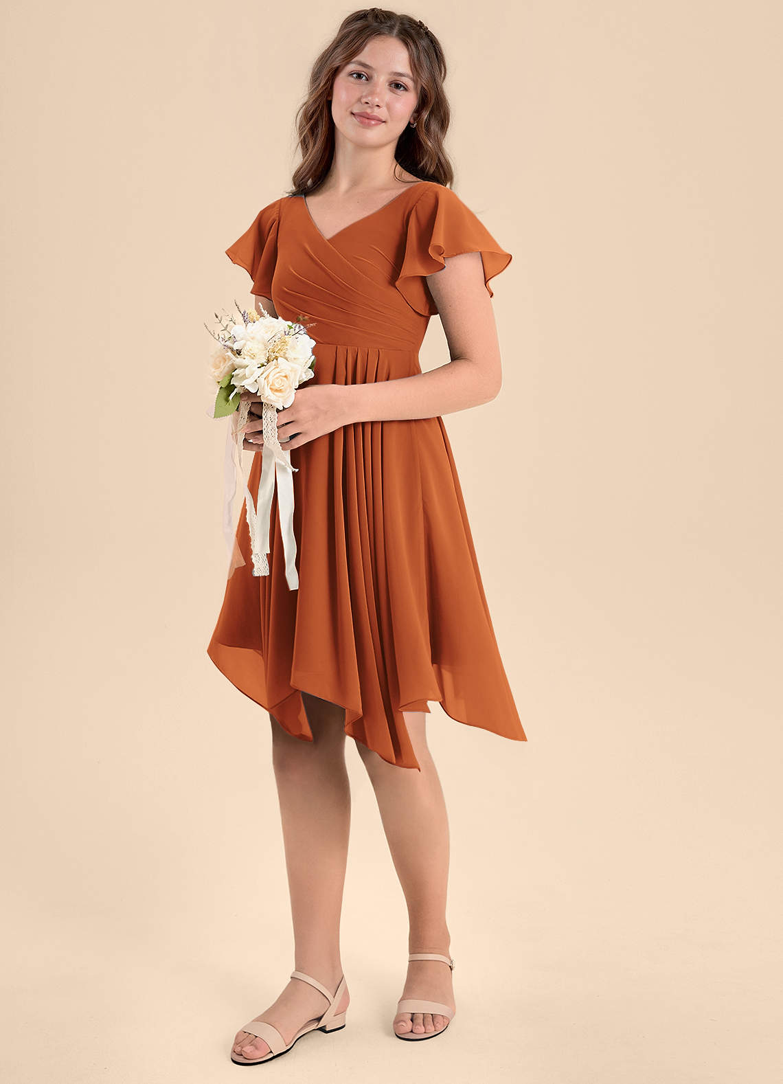 Azazie Janeaurelia Junior Cinnamon A-Line Pleated Chiffon Dress image1