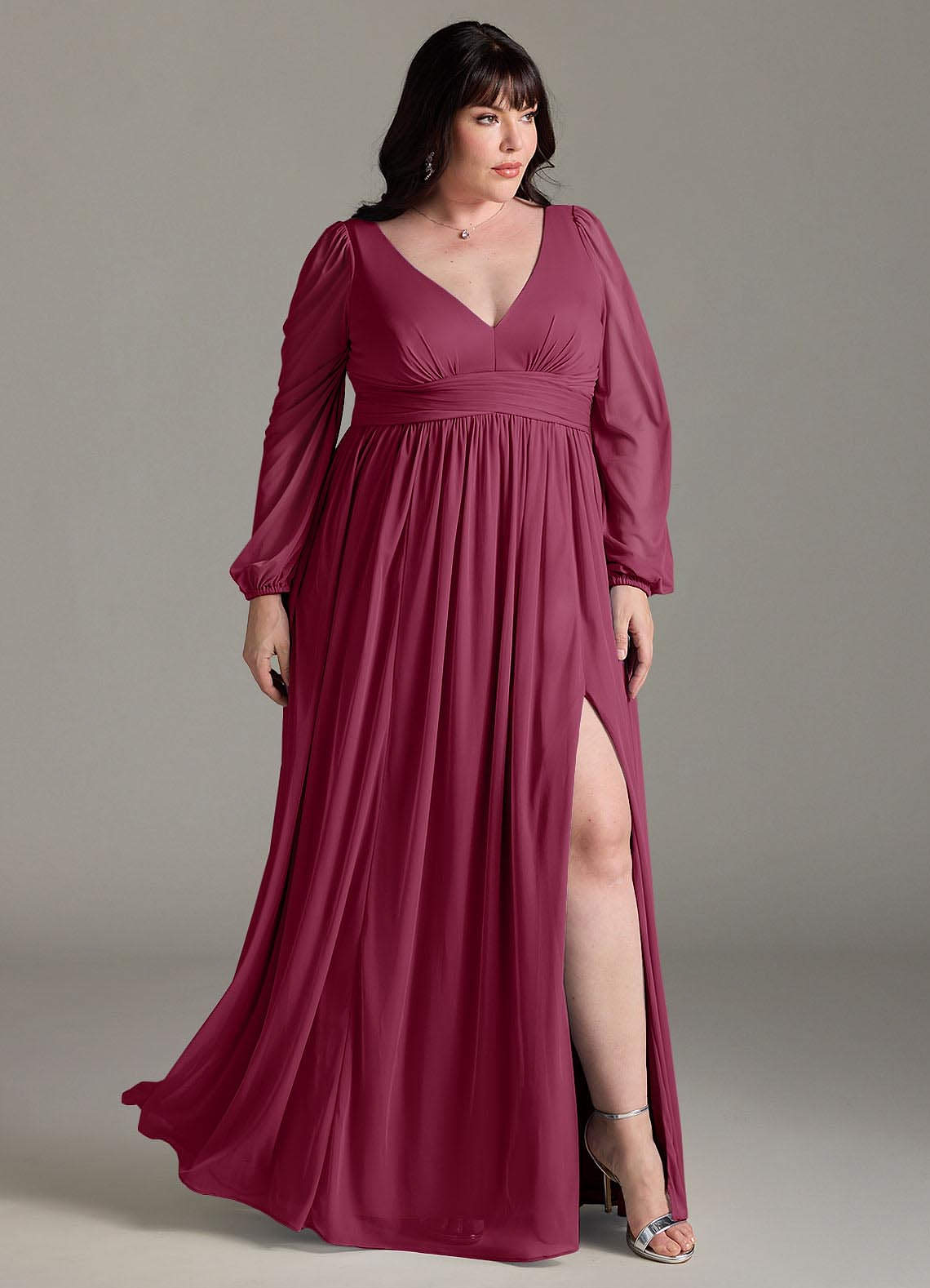 Azazie Norah Abiti da Damigella Abito A-Line in Chiffon con Maniche lunghe e Scollo a V Gelso image8