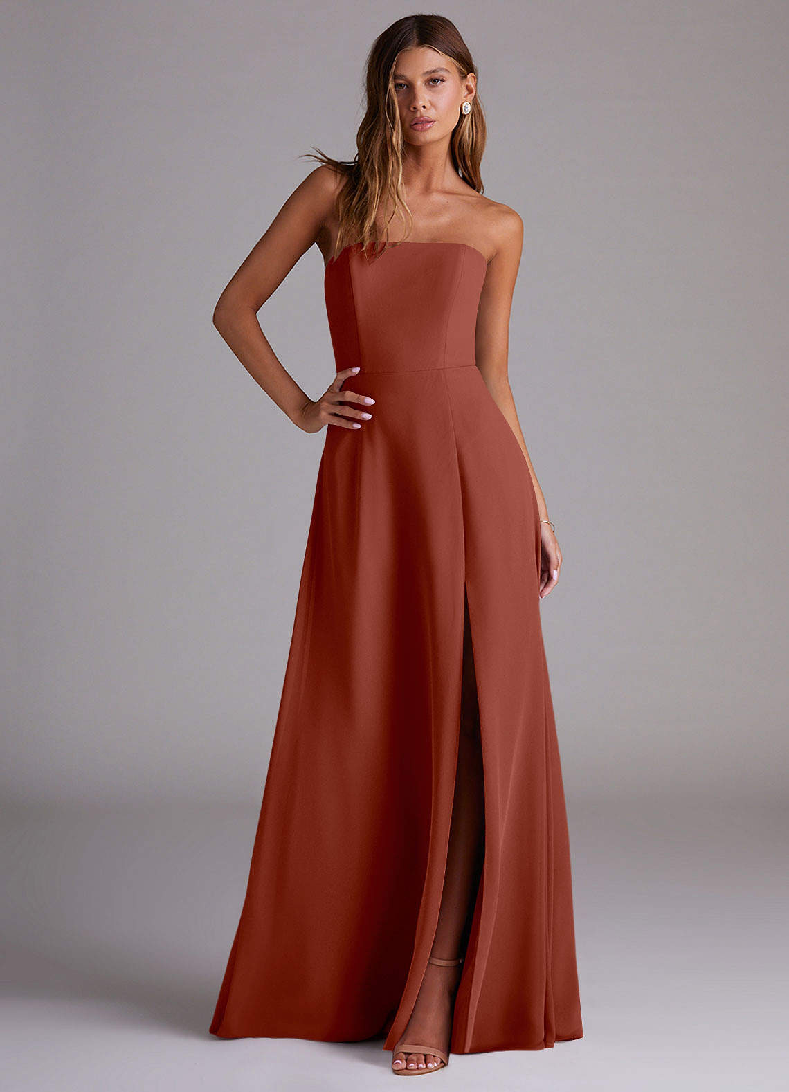 Azazie Wren Bridesmaid Dresses Auburn A-Line Side Slit Chiffon Convertible Dress image2