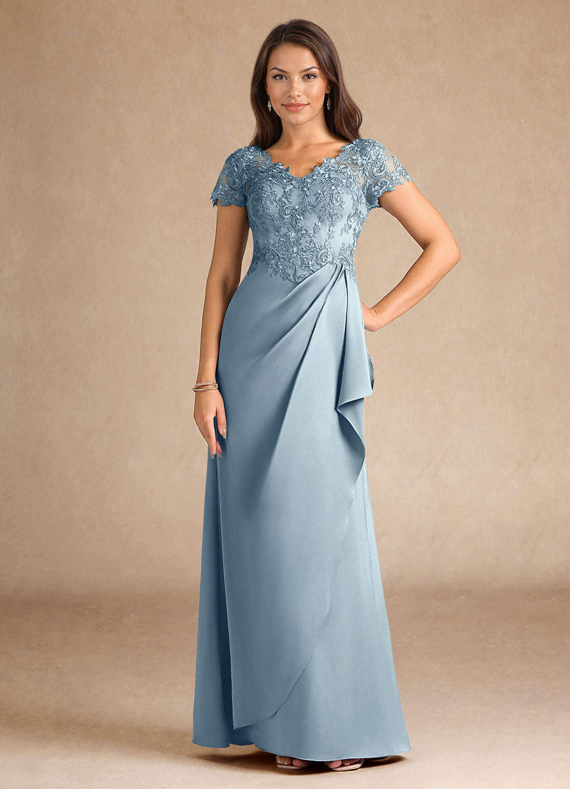 Azazie Santa Ana Dusty Blue A-Line Lace Stretch Satin Dress Ready