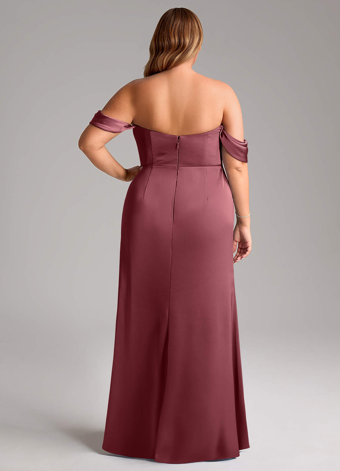 Azazie Saige Bridesmaid Dresses Desert Rose Sheath Off the Shoulder Stretch Satin Dress image12