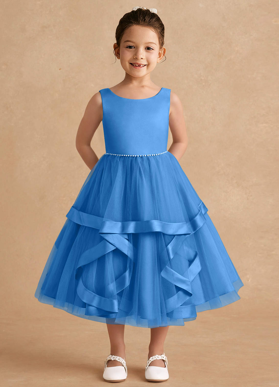Azazie Posy Flower Girl Dresses Blue Jay A-Line Beaded Tulle Dress image1