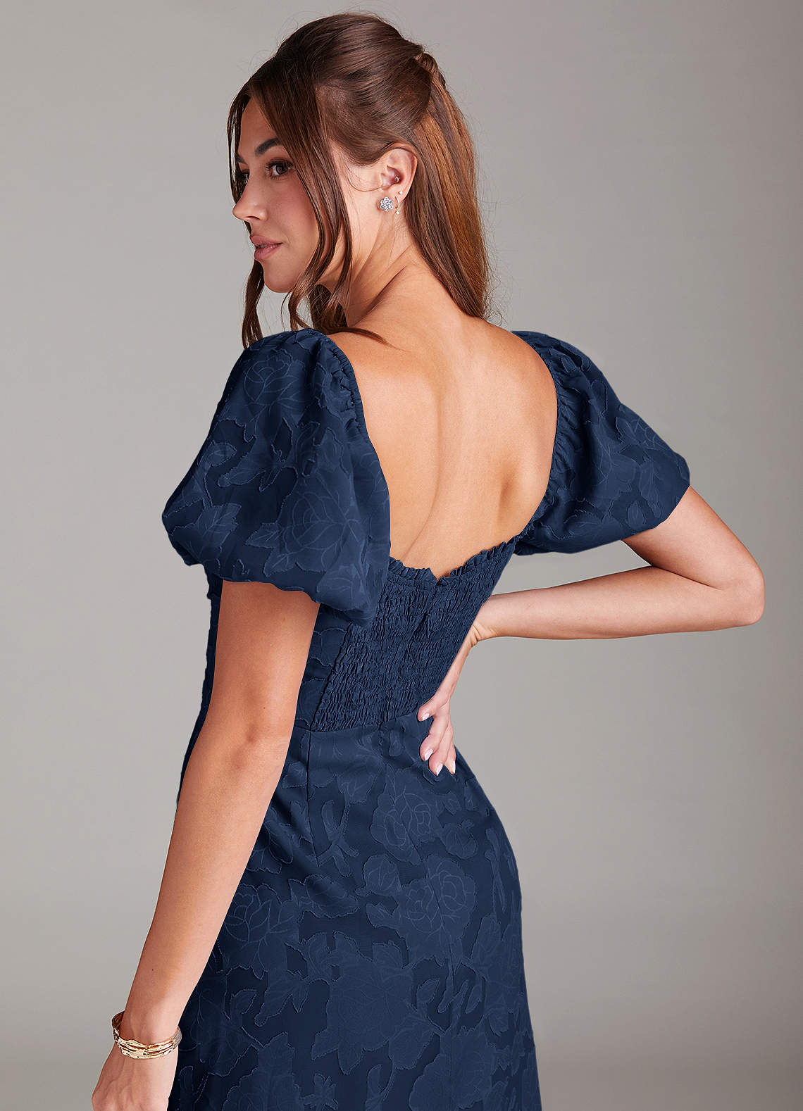 Evalina Navy Puff Sleeves Midi Dress | Azazie