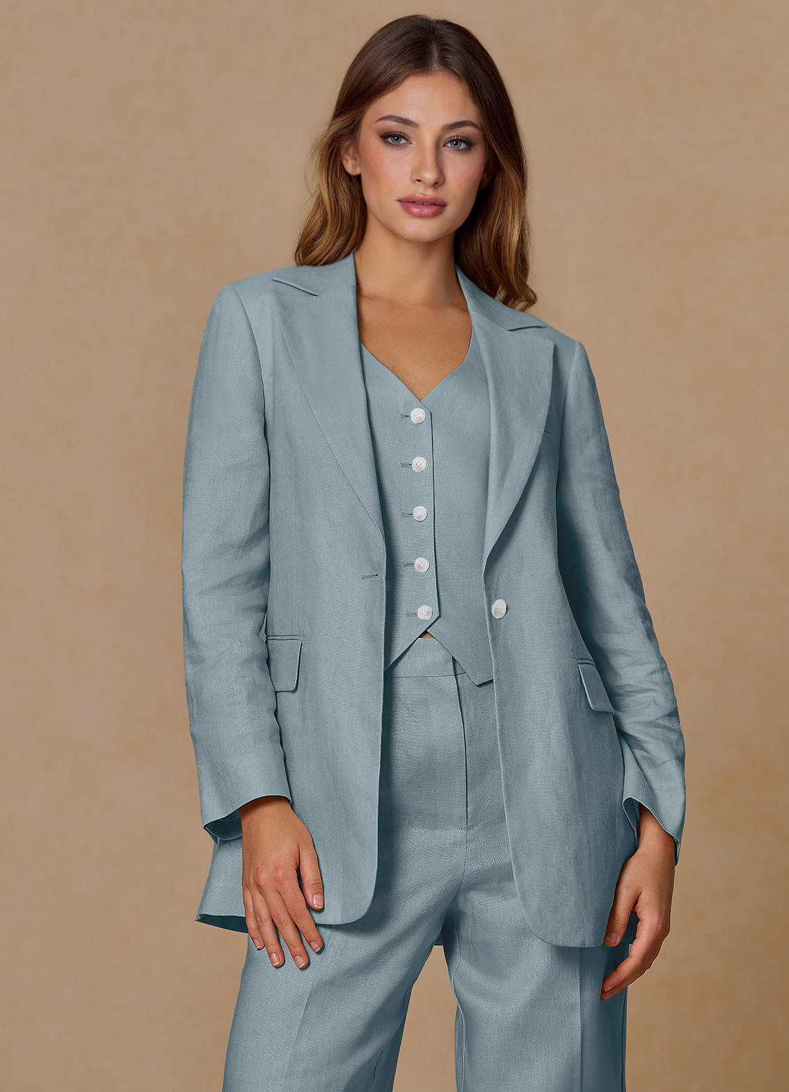 front Belicia Dusty Blue 100% Linen Blazer