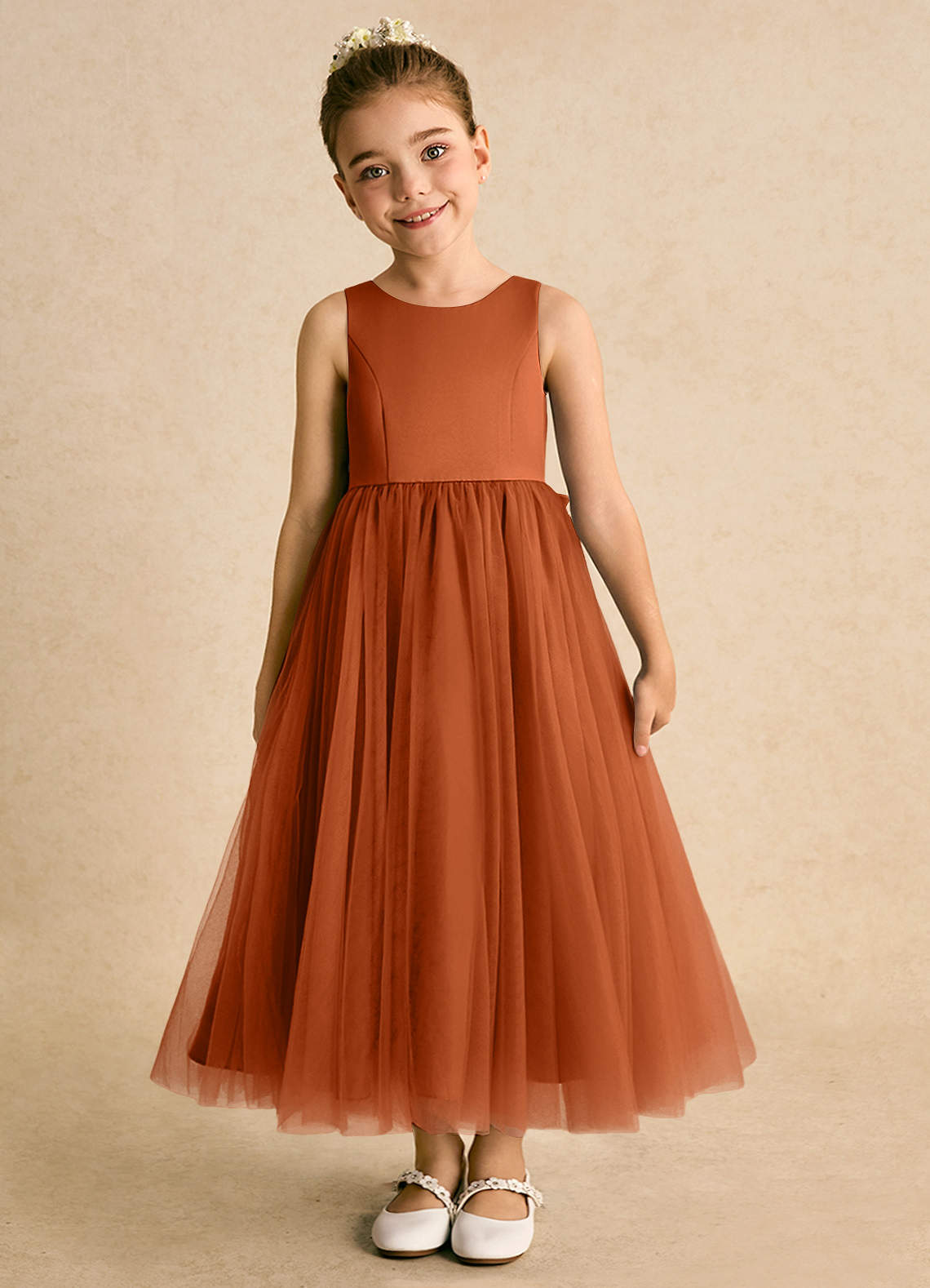 Azazie Solia Robe Demoiselle D'honneur Fillette Robe Princesse en Tulle Arc Orange Brûlée image2