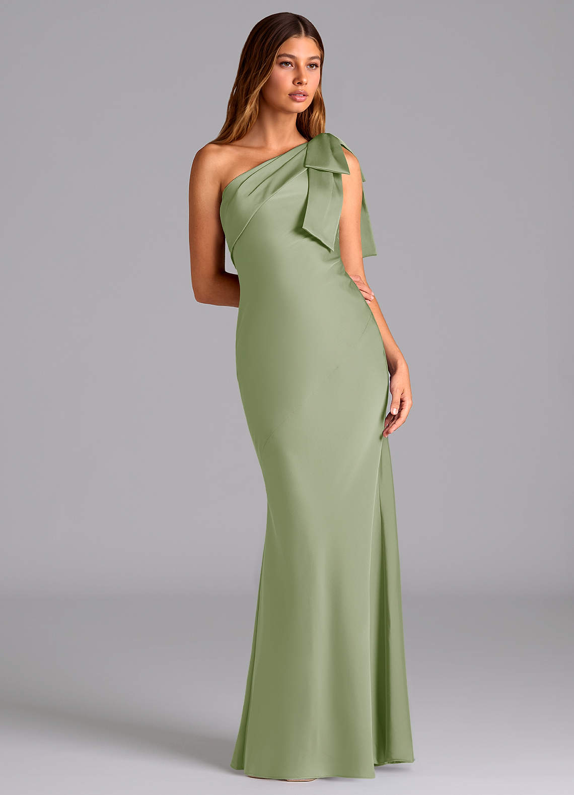 Azazie Yuanna Bridesmaid Dresses Dusty Sage Mermaid One Shoulder Stretch Satin Dress image4