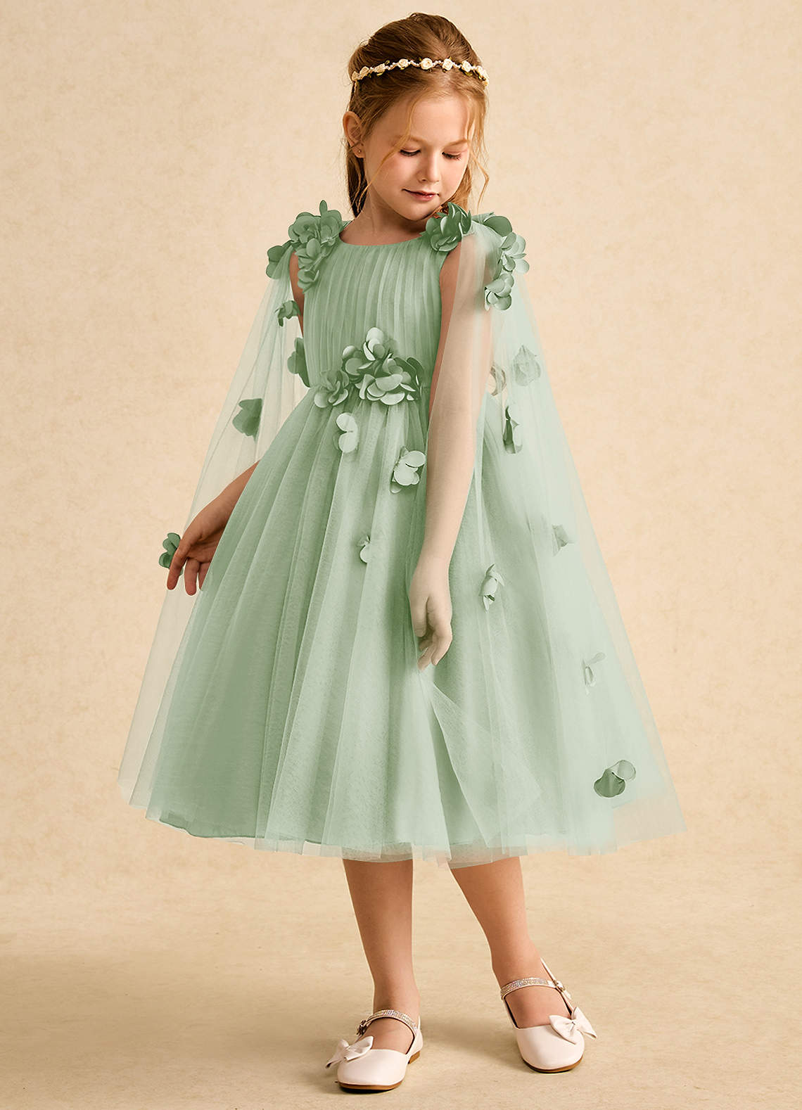 Azazie Staria Flower Girl Dresses Dusty Sage Ball-Gown Ruched Tulle Dress image4