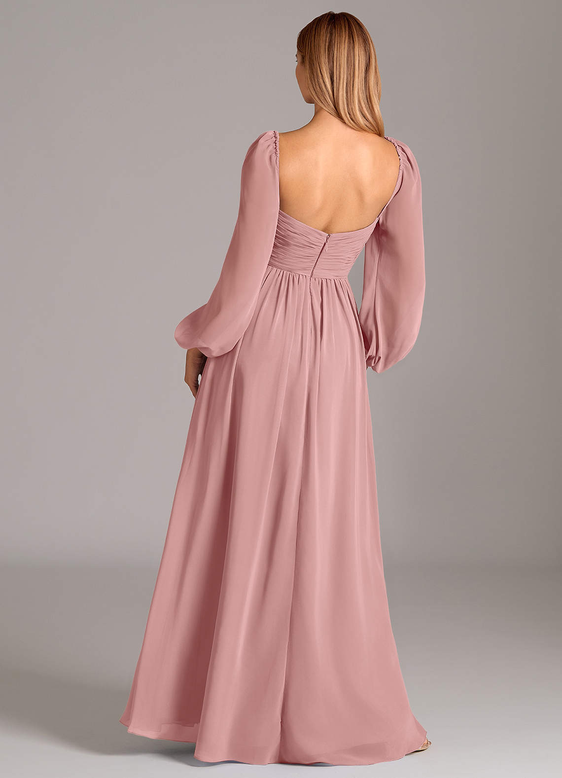 Azazie Bailee At-home Try On Dresses Dusty Rose A-Line Long Sleeve Chiffon Dress image3