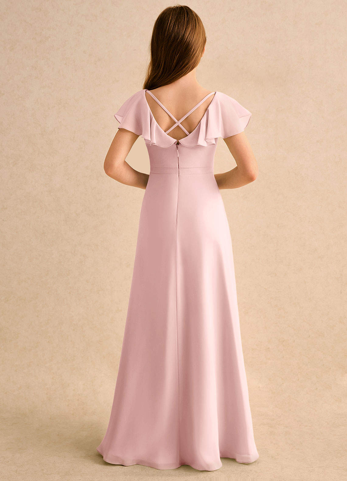 Azazie Nari Girls Formal Flower Girl Dresses Powder Pink A-Line with Sleeves Chiffon Dress image1