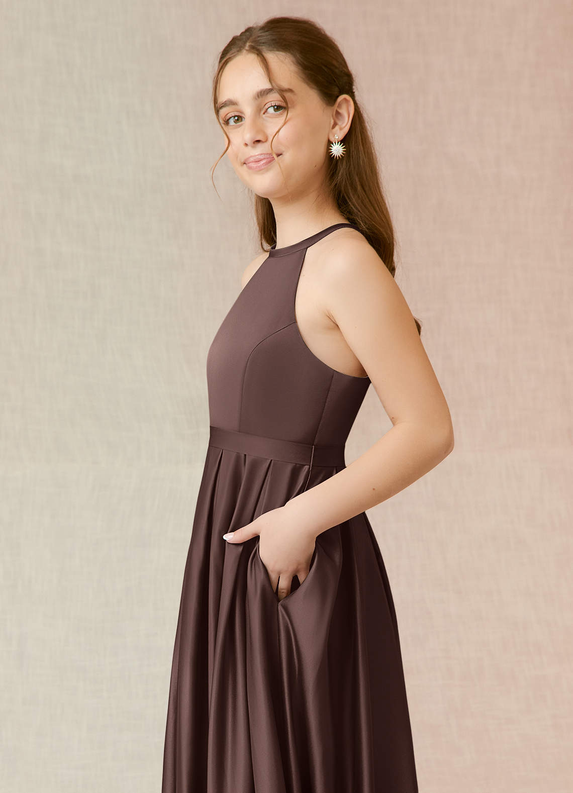 Azazie Arianthe Junior Ganache A-Line with Pockets Stretch Satin Dress image5
