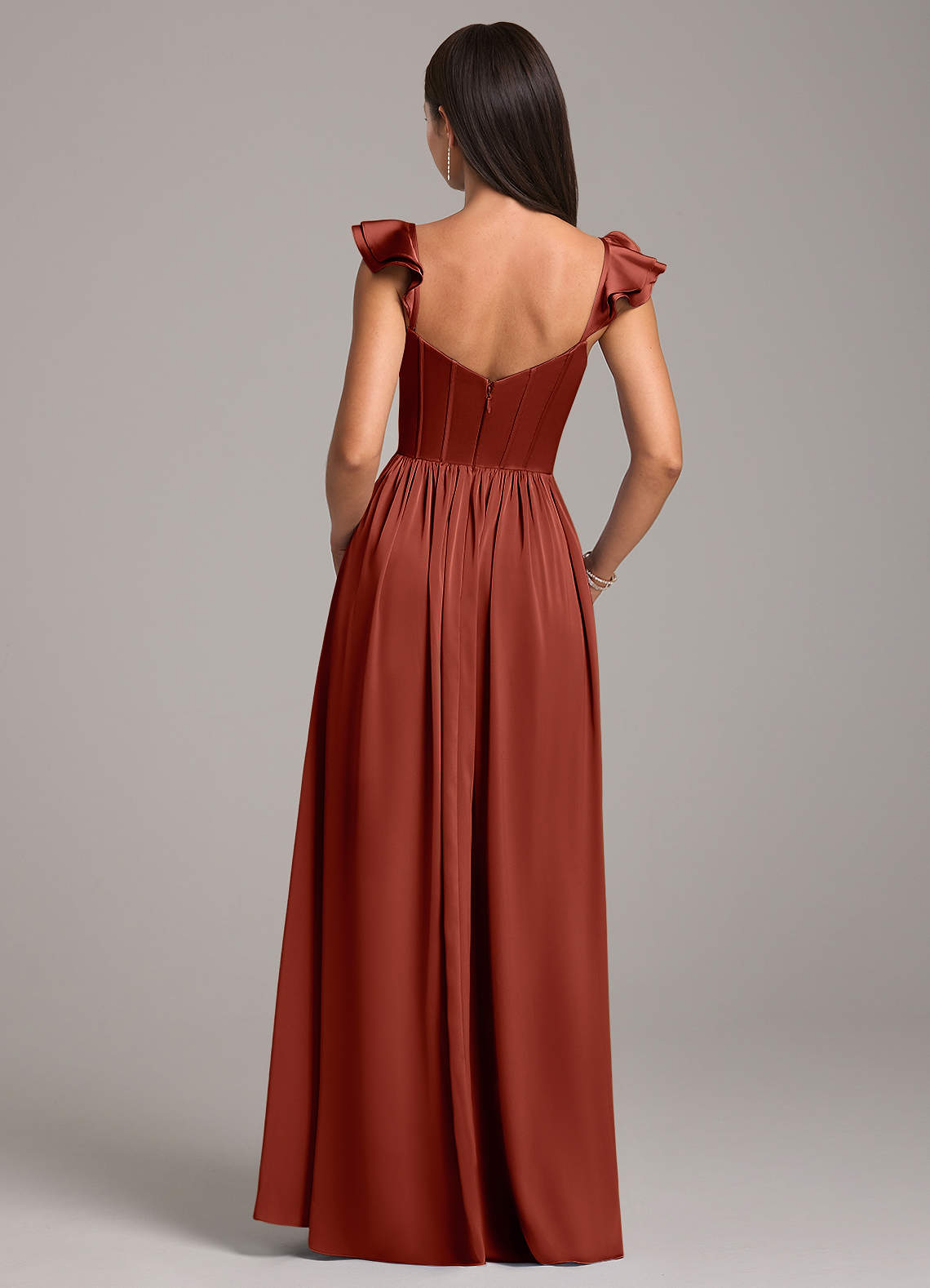 Azazie Denisse Terracotta Stretch Satin Bridesmaid Dresses | Azazie