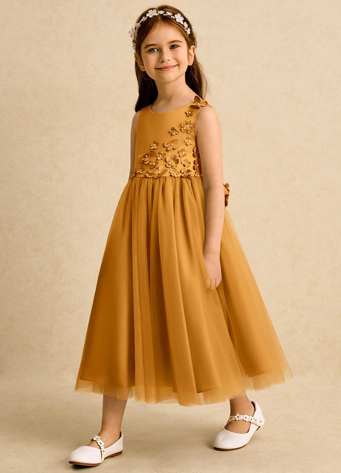 Azazie Malva Flower Girl Dresses Butterscotch Ball-Gown Bow Tulle Dress image1
