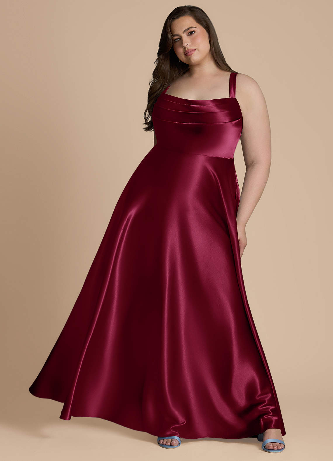 Azazie Shaude At-home Try On Dresses Burgundy A-Line Pleated Metallic Satin Dress image10
