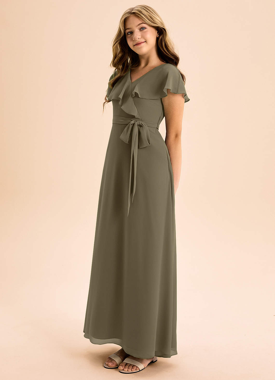 Azazie Lainey Junior Abito A-Line in Chiffon Con Tasche Willow Green image1