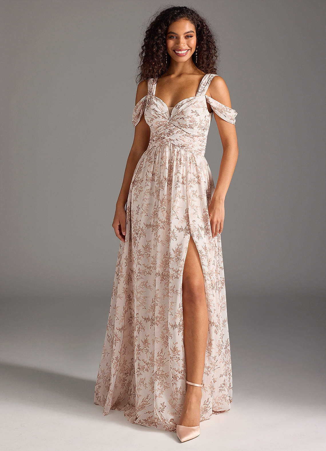 Azazie Lianne Bridesmaid Dresses Pink Fern Floral A-Line Off the Shoulder Chiffon Dress image4