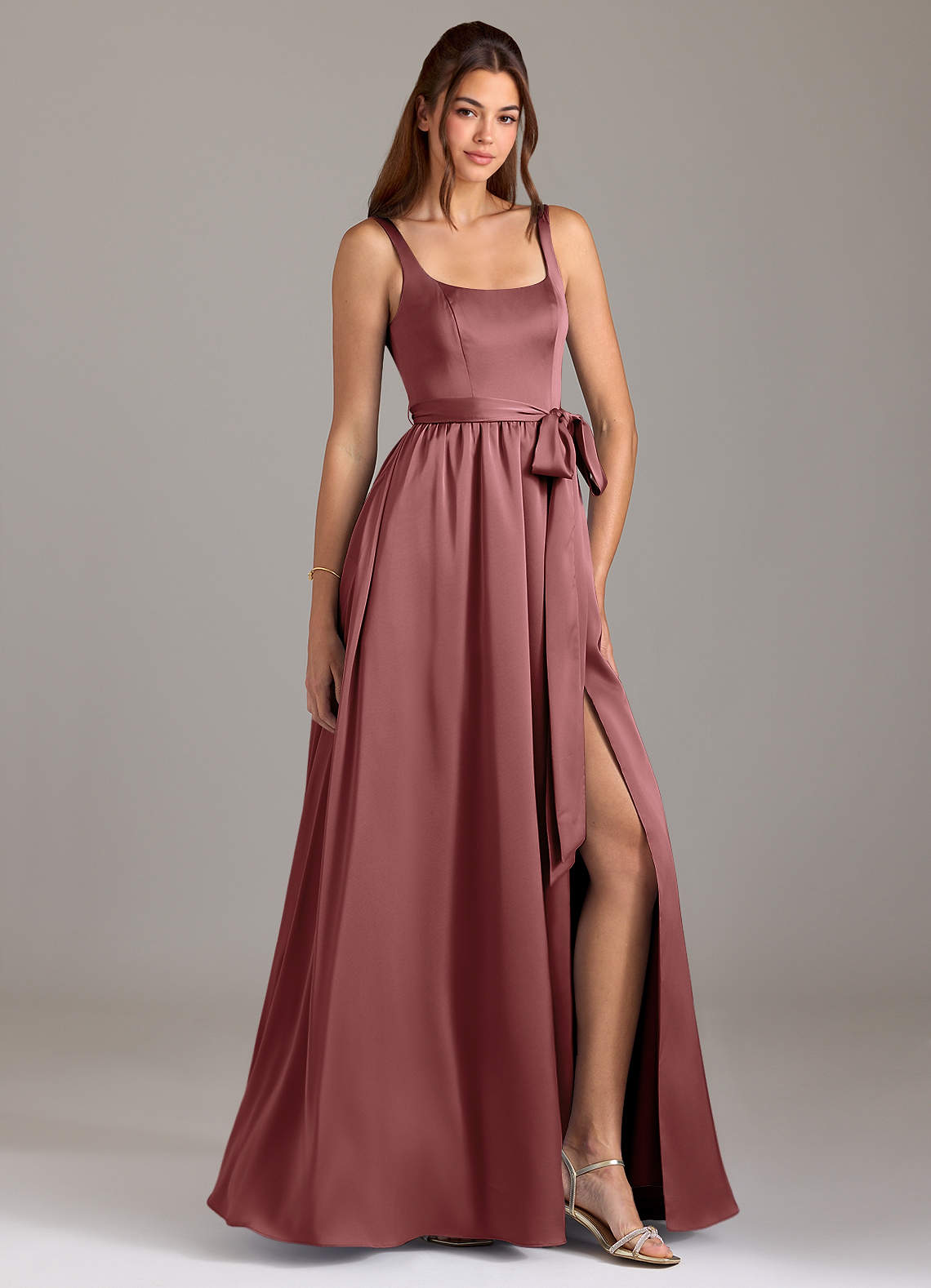 Azazie Elliott Bridesmaid Dresses Amethyst A-Line with Pockets Stretch Satin Dress image1