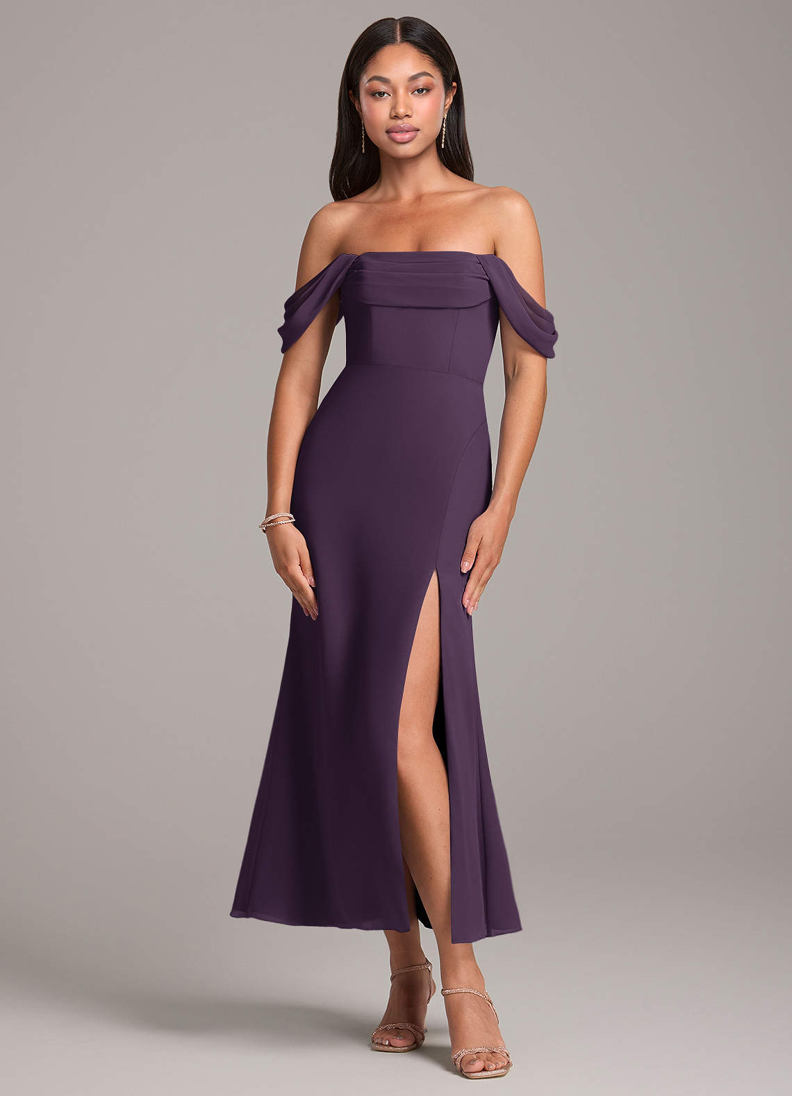 Azazie Saige Bridesmaid Dresses Plum Sheath Off the Shoulder Chiffon Convertible Dress image1