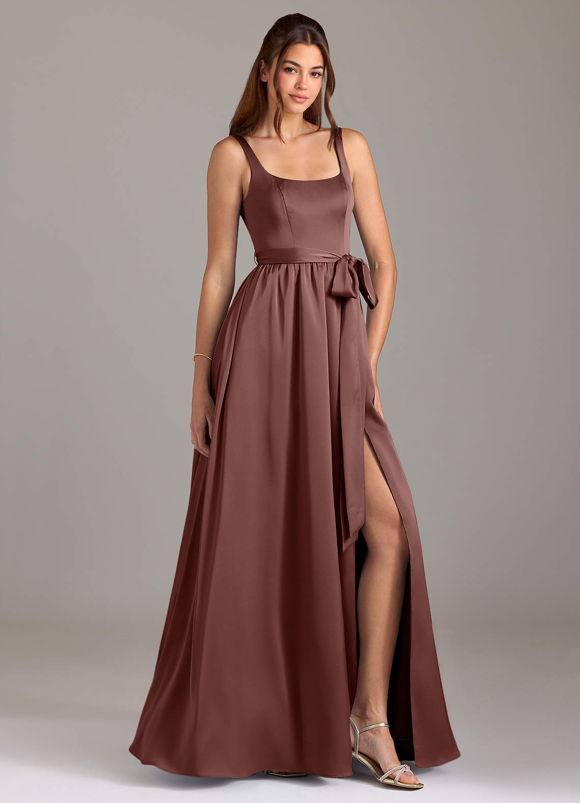 Azazie Elliott Bridesmaid Dresses Espresso A-Line with Pockets Stretch Satin Dress image1