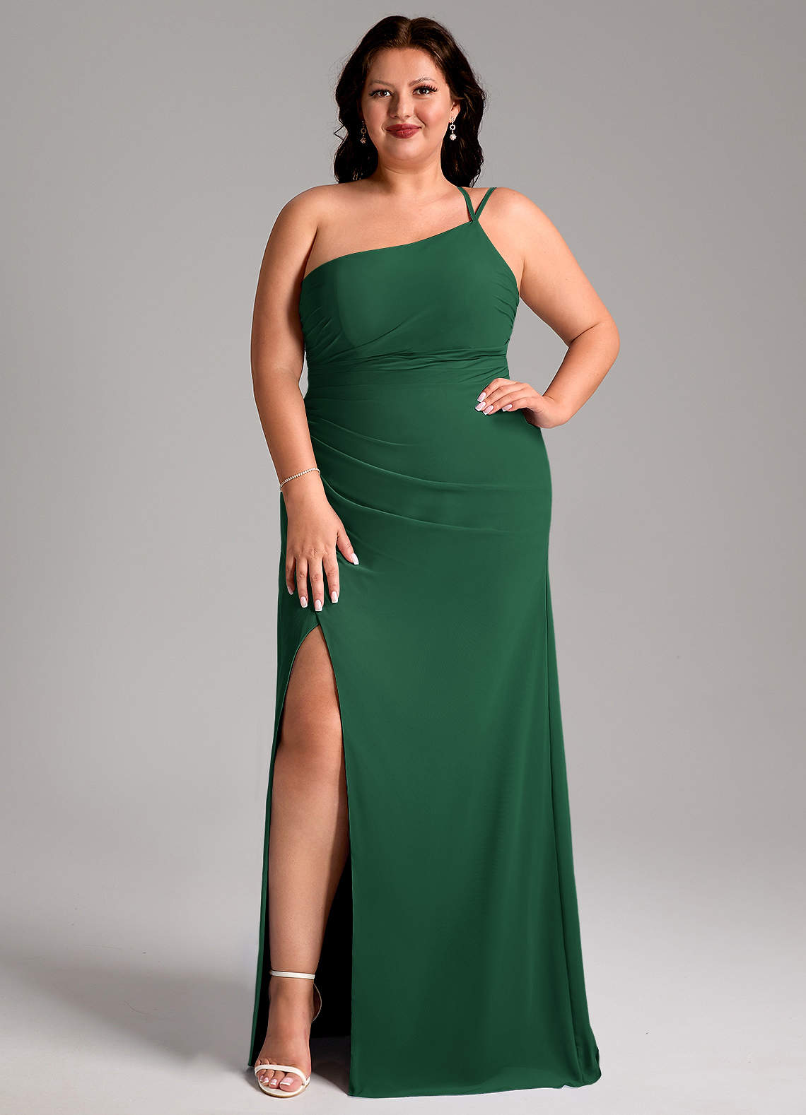 Azazie Eren Jurken voor bruidsmeisjes Jurk van Chiffon met Kolom One-Shoulder Donkergroen image1