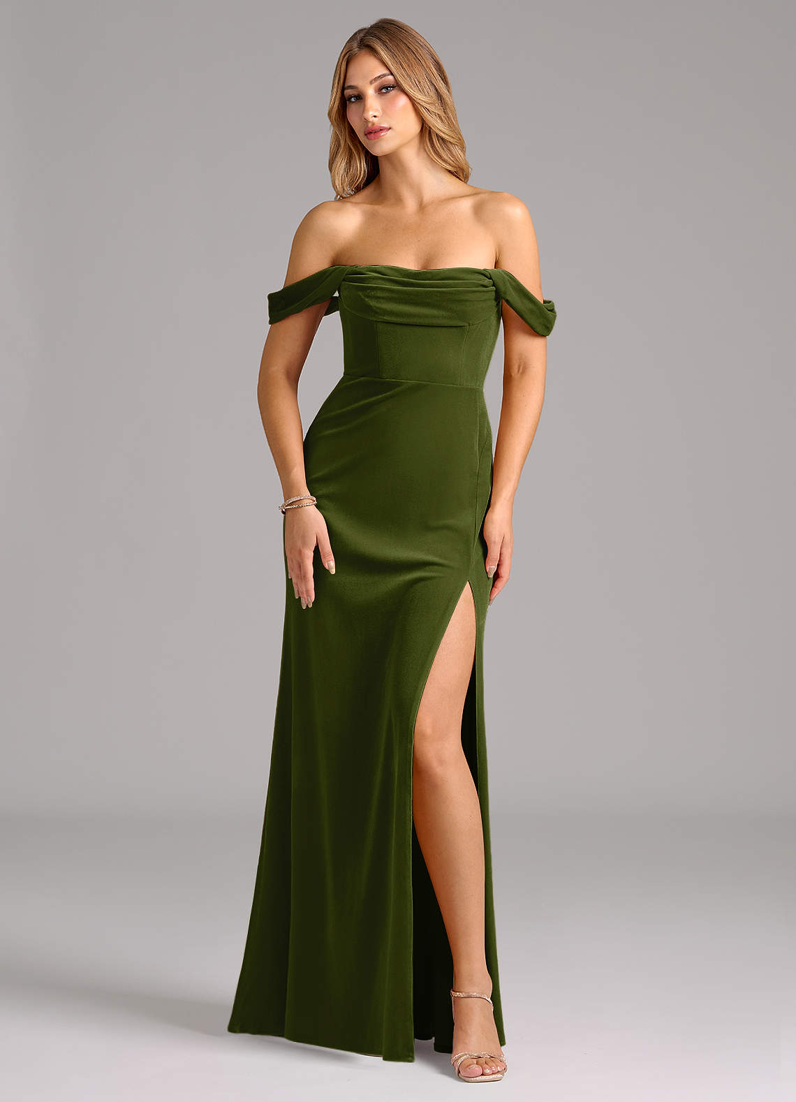 Azazie Saige Bridesmaid Dresses Olive Sheath Off the Shoulder Velvet Convertible Dress image1