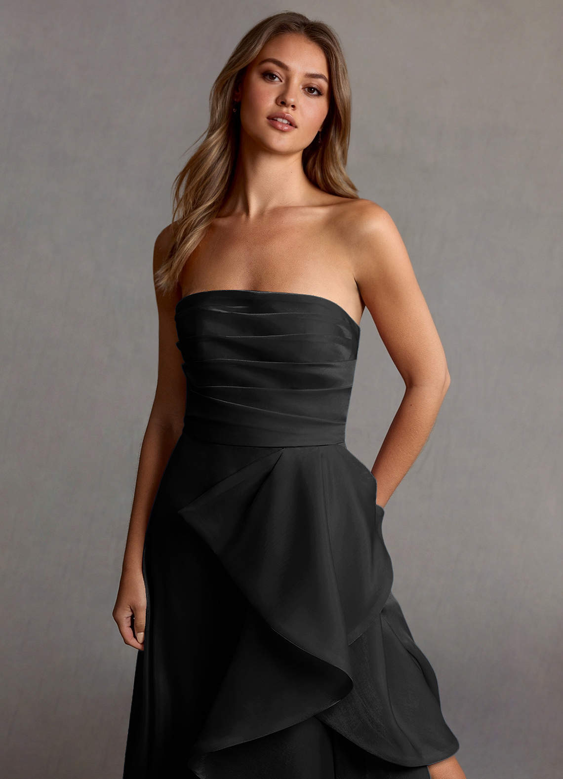 Kalista Black Satin Faced Chiffon Prom Dress Ready to Ship | Azazie