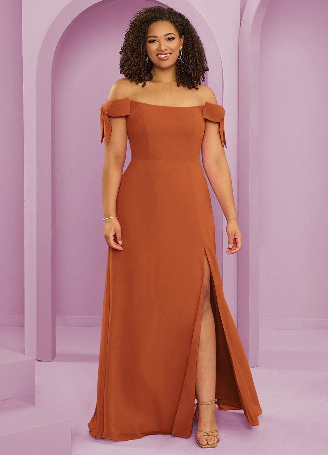 Barbie ♥ Azazie Bridesmaid Dresses Cinnamon A-Line Off the Shoulder Chiffon Convertible Dress image1
