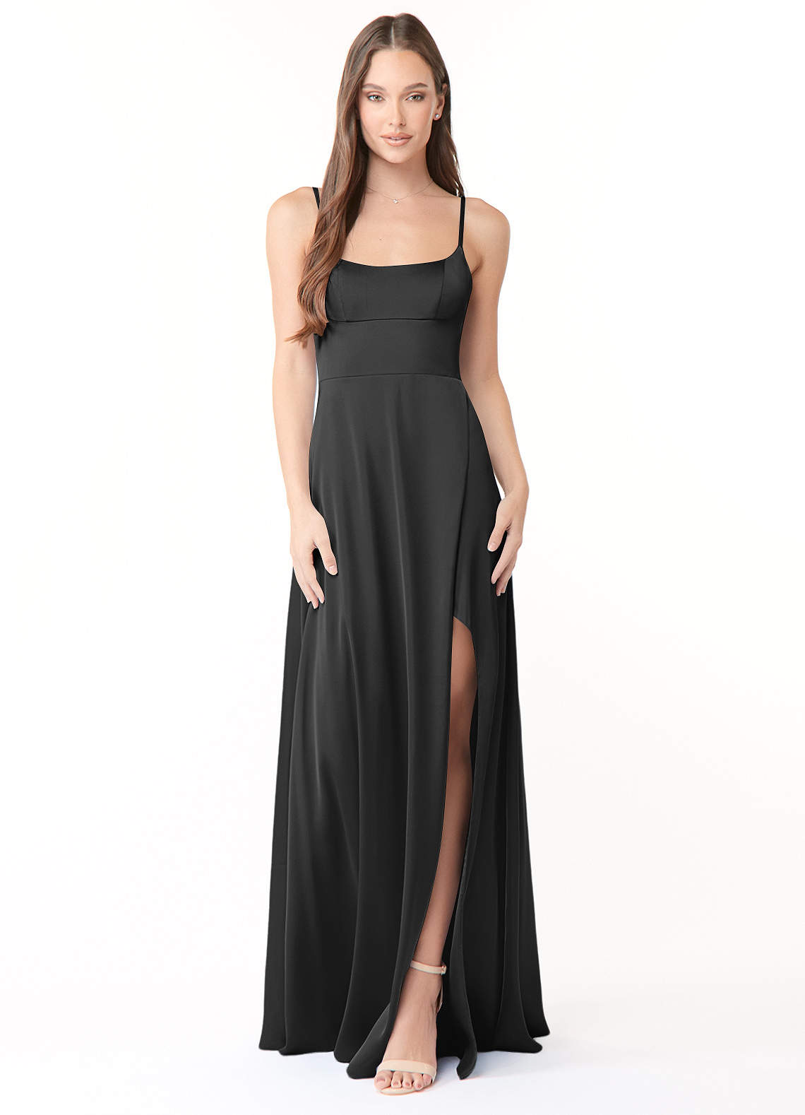 Azazie Halsey Probar vestidos en casa Vestido de Negro de Satén Elástico de Corte Recto con Corte Lateral image1