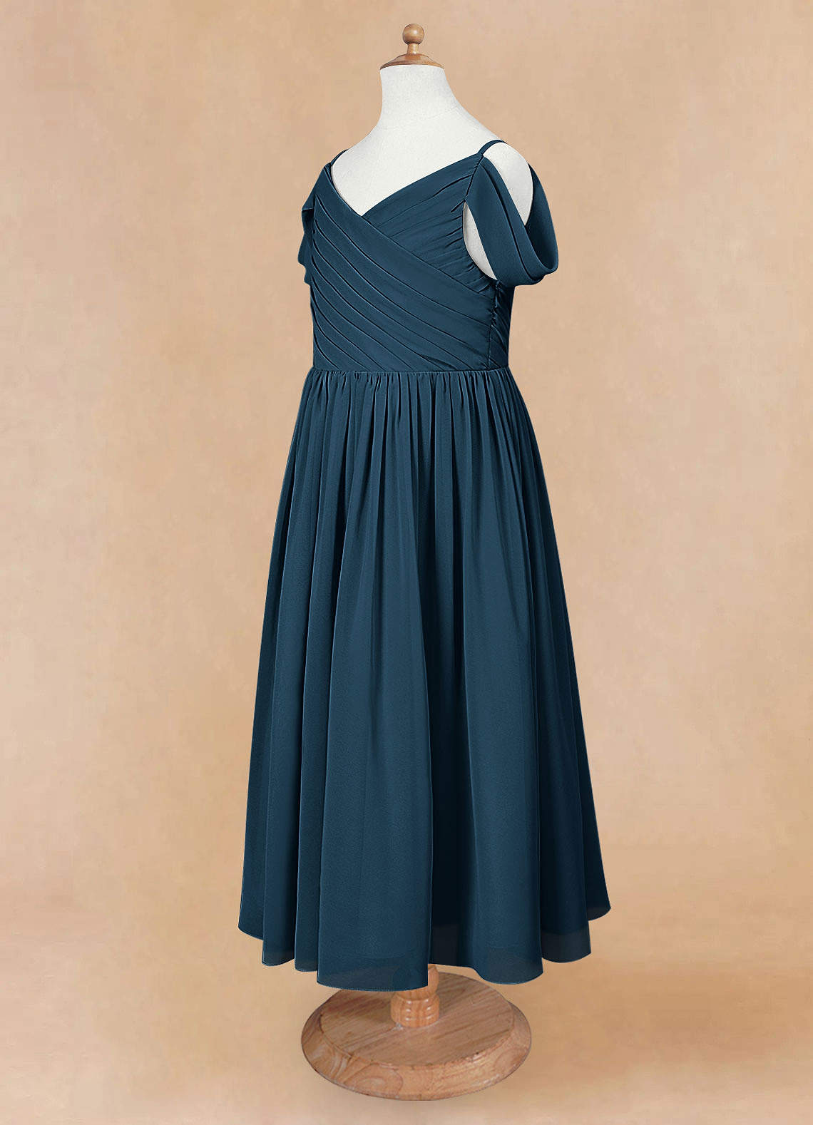 navy bridesmaid dresses tea length Azazie Chelle Dark A-Line Pleated Chiffon Dress Ready to Ship Neck Hemline/Train