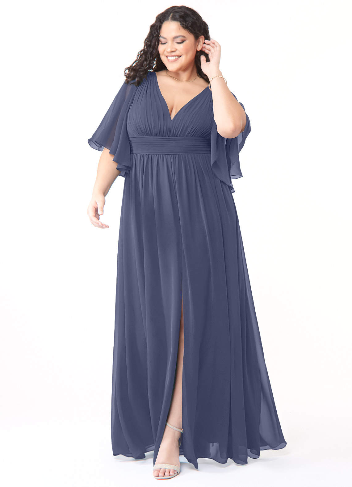 Azazie Temeka Robes de demoiselle d'honneur Robe Trapèze en Mousseline de soie Rayé Bleu Orageux image1