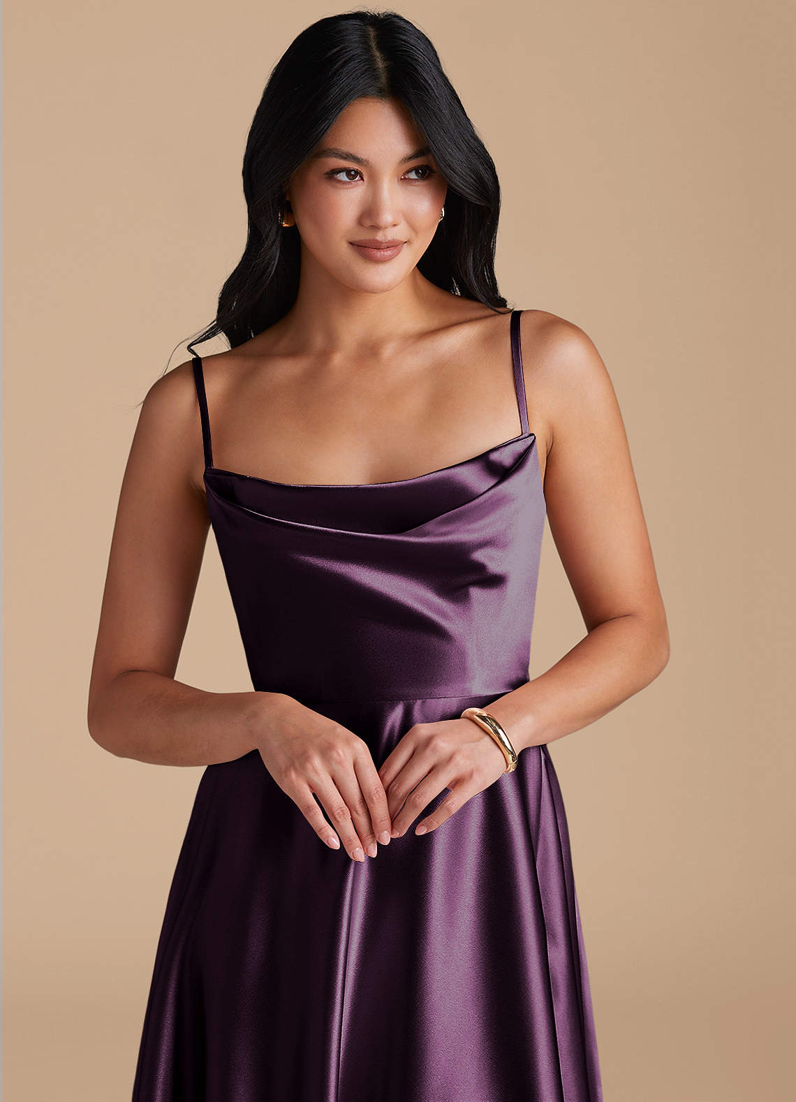 Azazie Elle Plum Metallic Satin Bridesmaid Dresses | Azazie