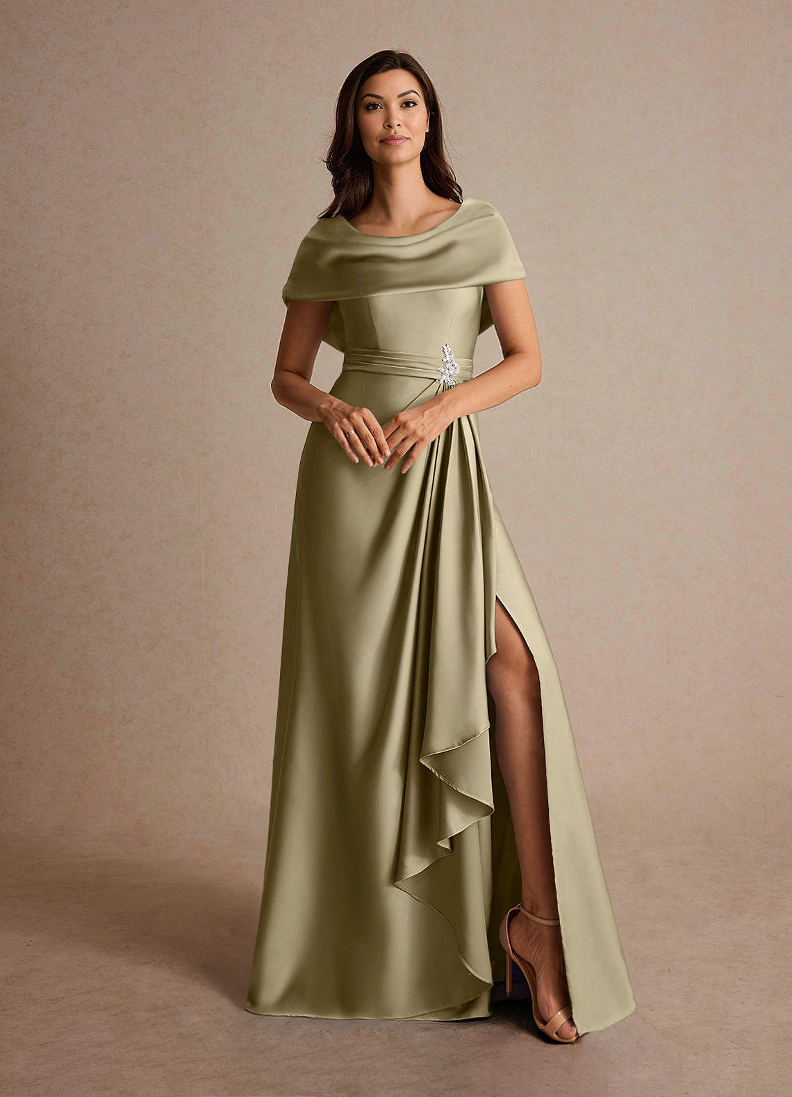 Azazie Branford Moss Green A-Line Pleated Stretch Satin Dress | Azazie