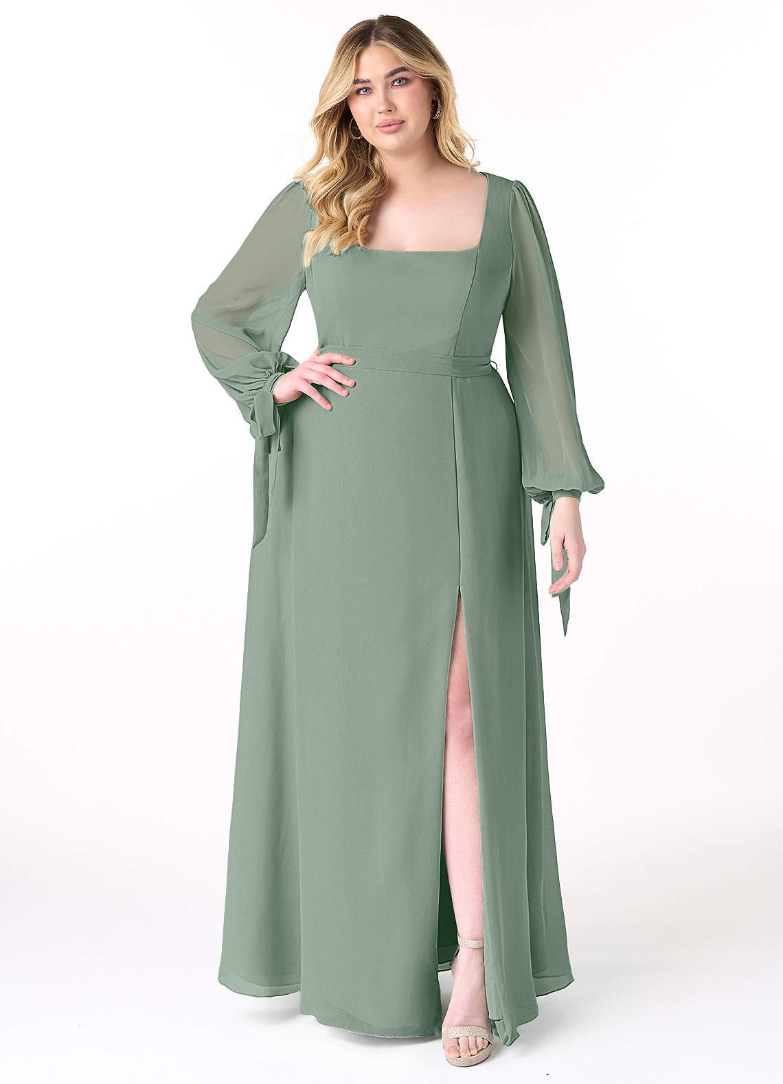 Azazie Leonia Bridesmaid Dresses Silver Sage A-Line Long Sleeve Chiffon Dress image1