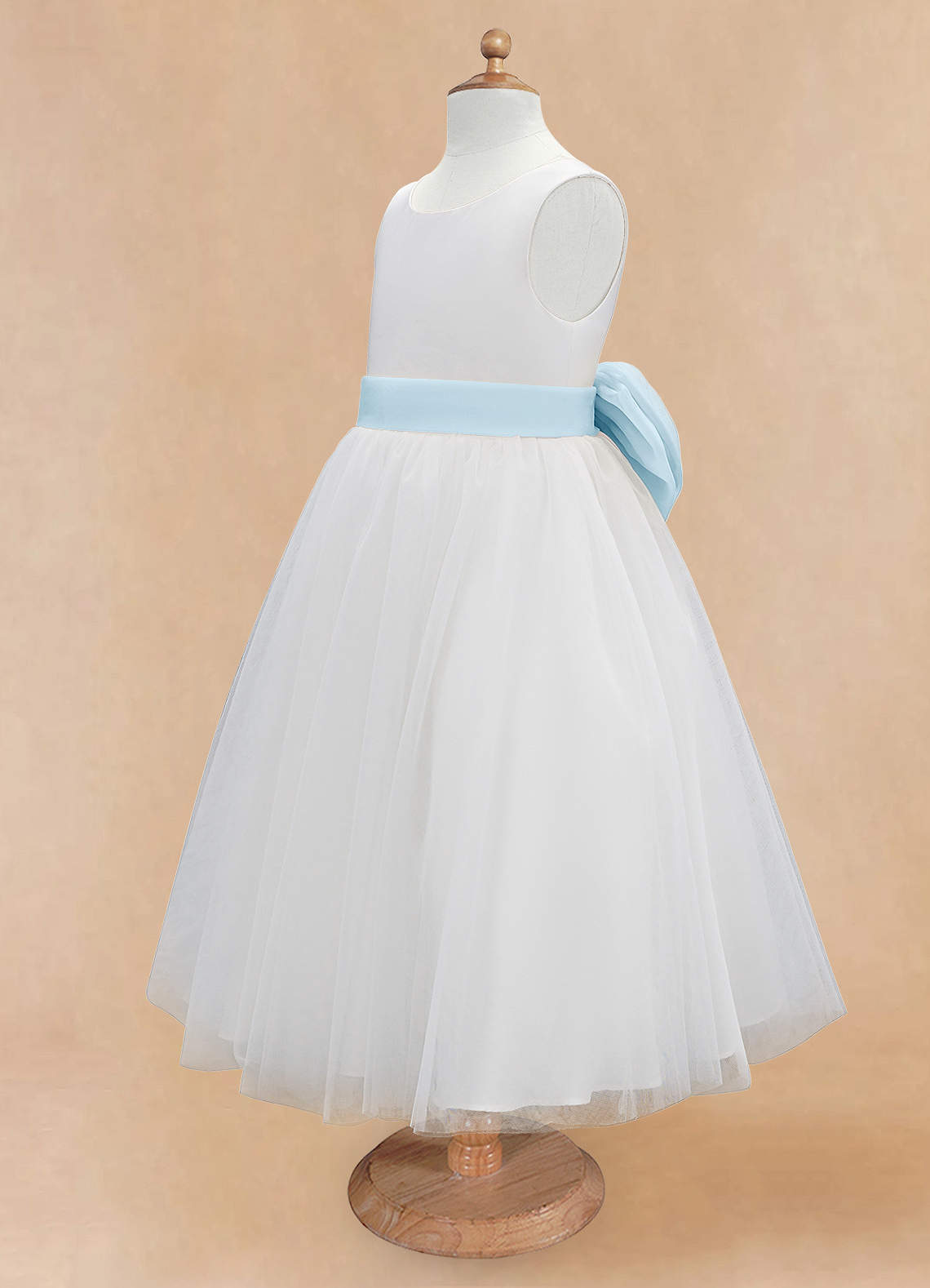 Azazie Kavi vestidos de niña de las flores Vestido de Marfil Azul Cielo de Satin Mate de Corte En A con Lazo image8