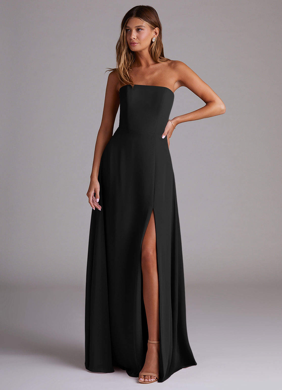 Azazie Wren Bridesmaid Dresses Black A-Line Side Slit Chiffon Convertible Dress image1