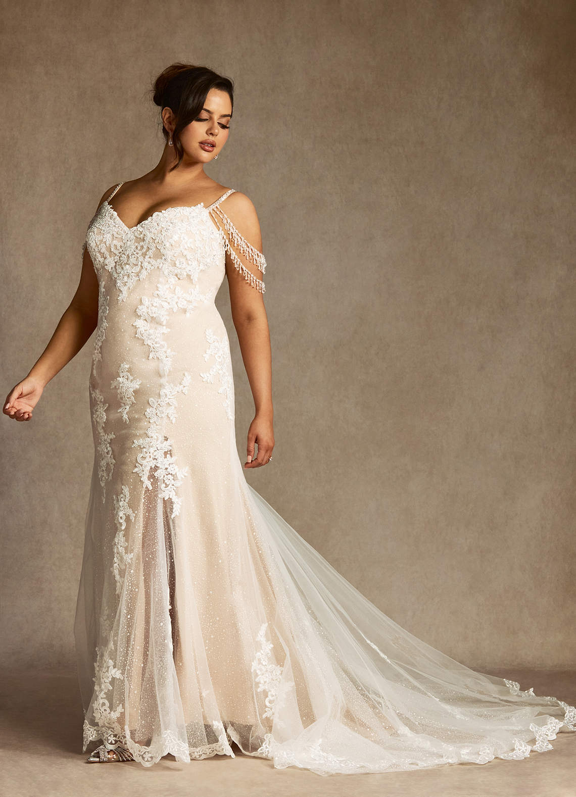 Azazie Saskia Diamond White Champagne Mermaid Sequins Tulle Dress