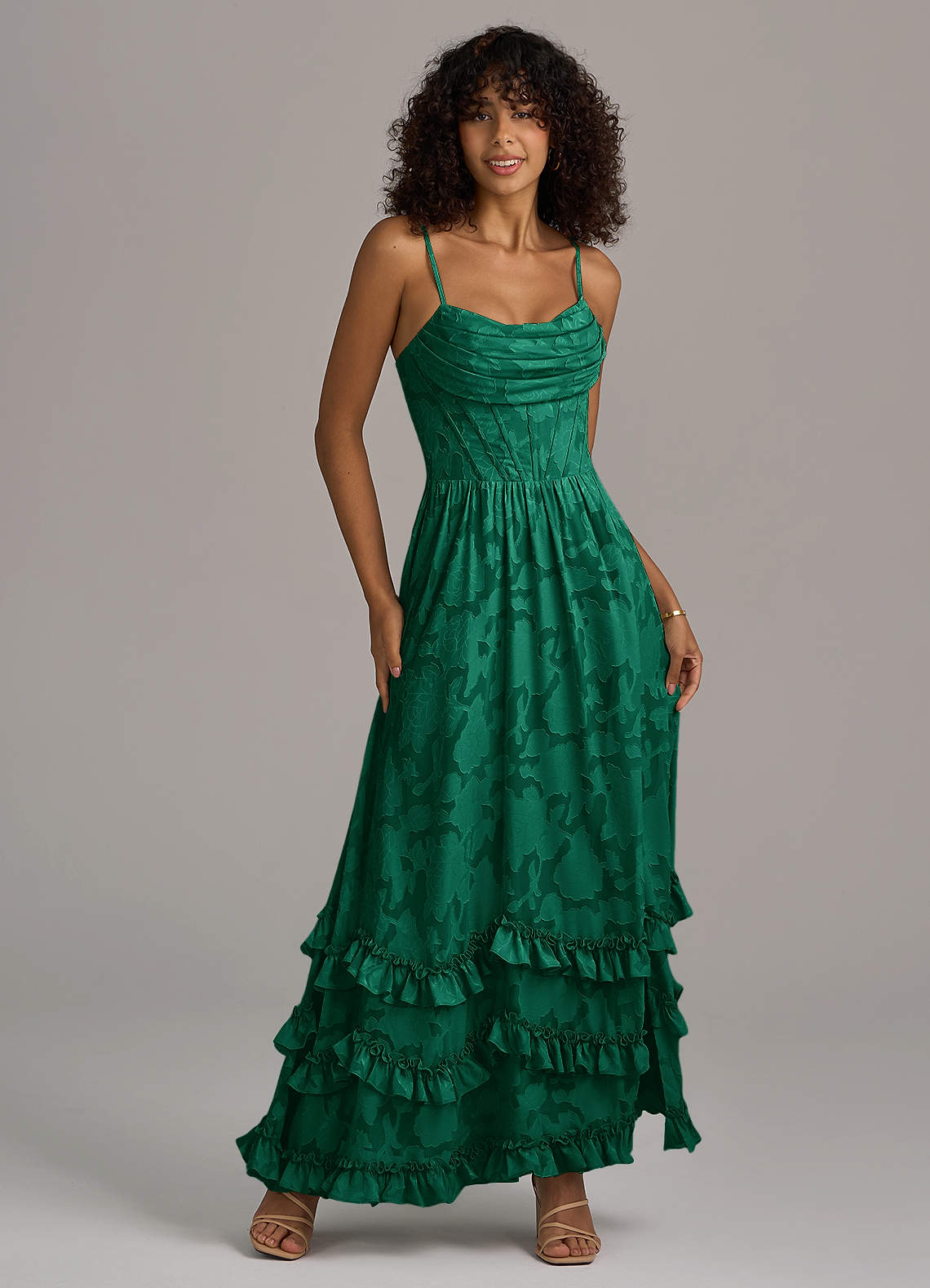 Azazie Lettie Bridesmaid Dresses Emerald A-Line Corset Floral Burnout Dress image1