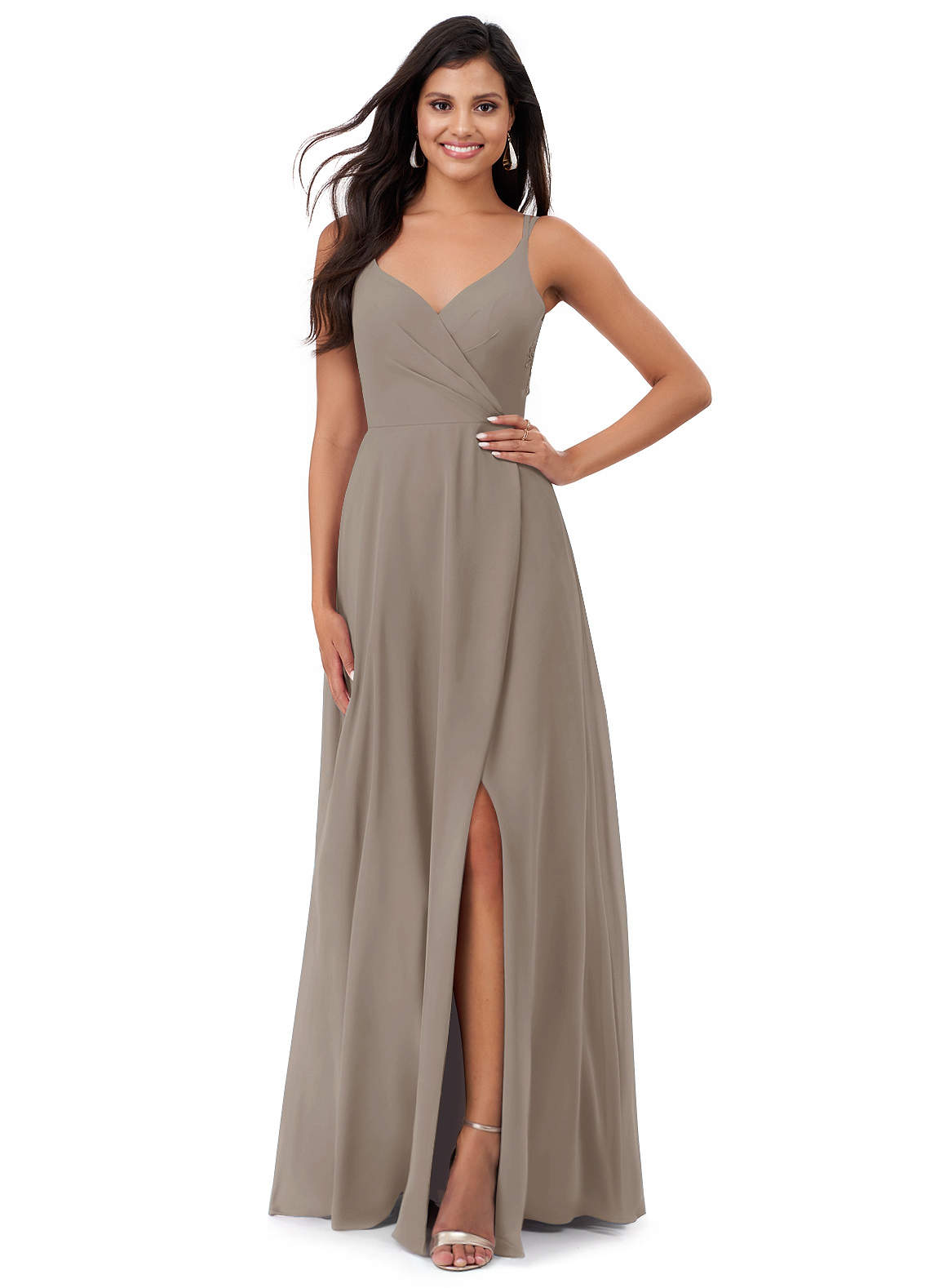 Azazie Lennon Bridesmaid Dresses Taupe A-Line Lace Chiffon Dress image1