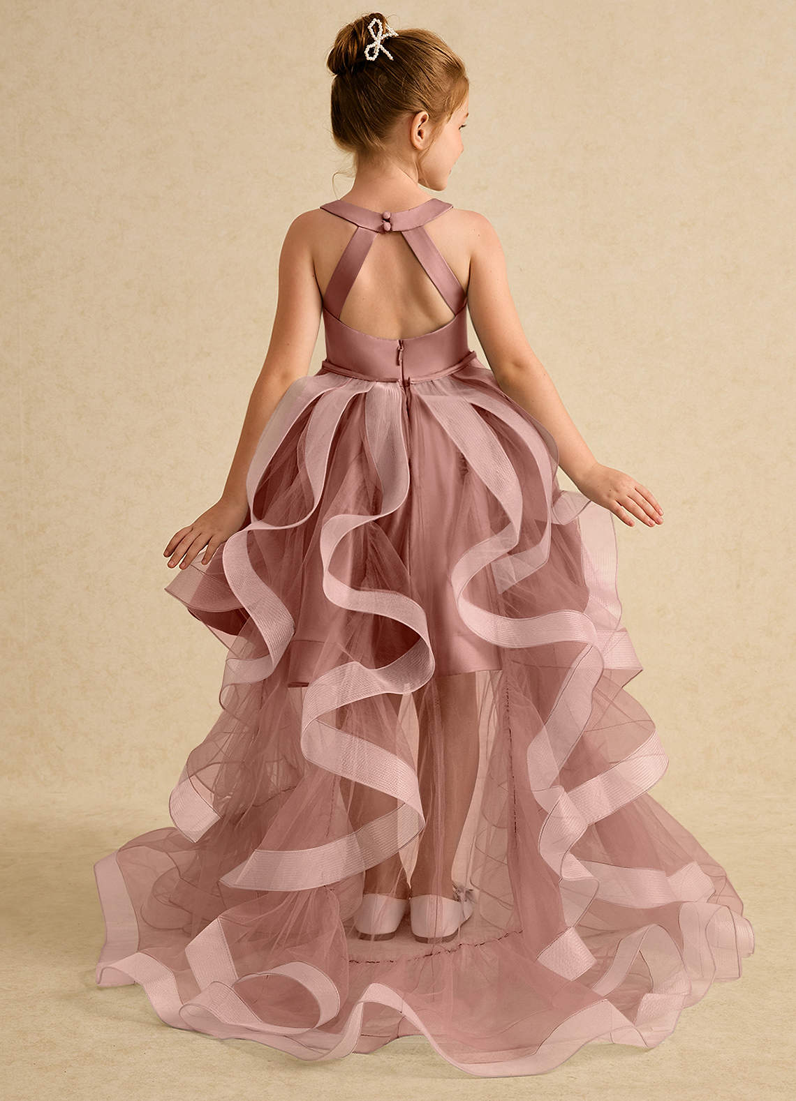 Azazie Julietta Robe Demoiselle D'honneur Fillette Robe Princesse en Tulle Convertible Rose De Cèdre image1