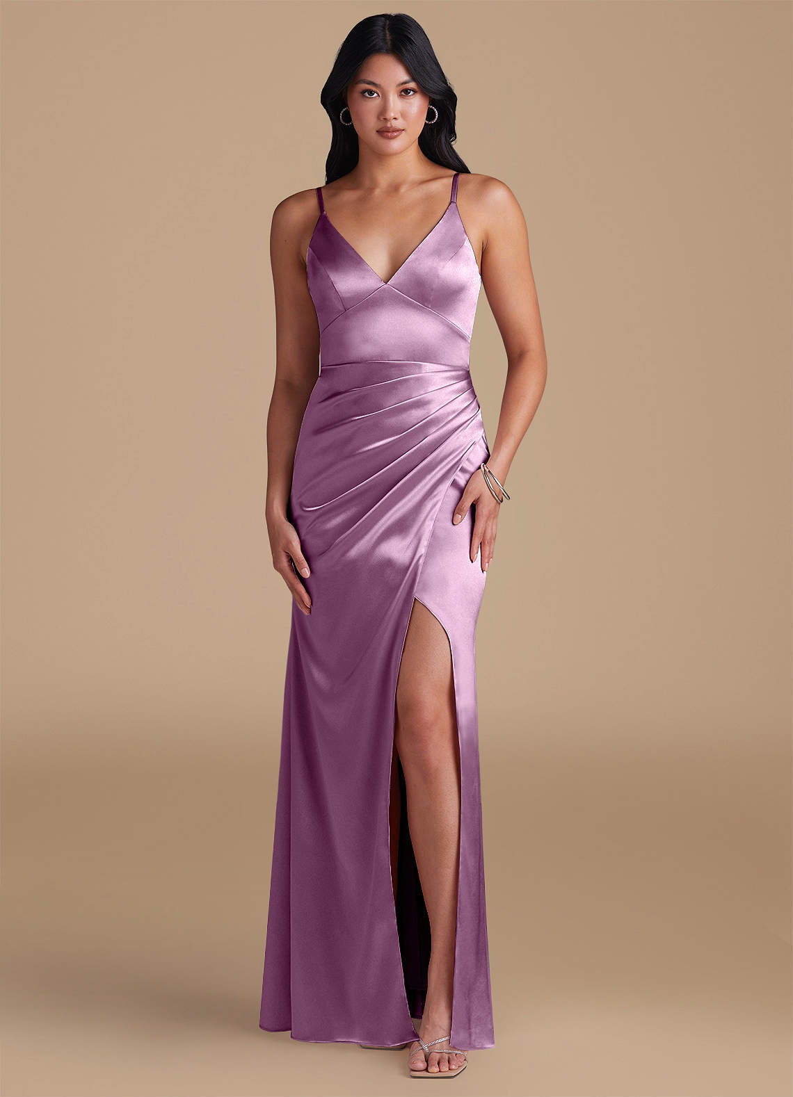 Azazie Shania Bridesmaid Dresses Wisteria Sheath Pleated Metallic Satin Dress image1