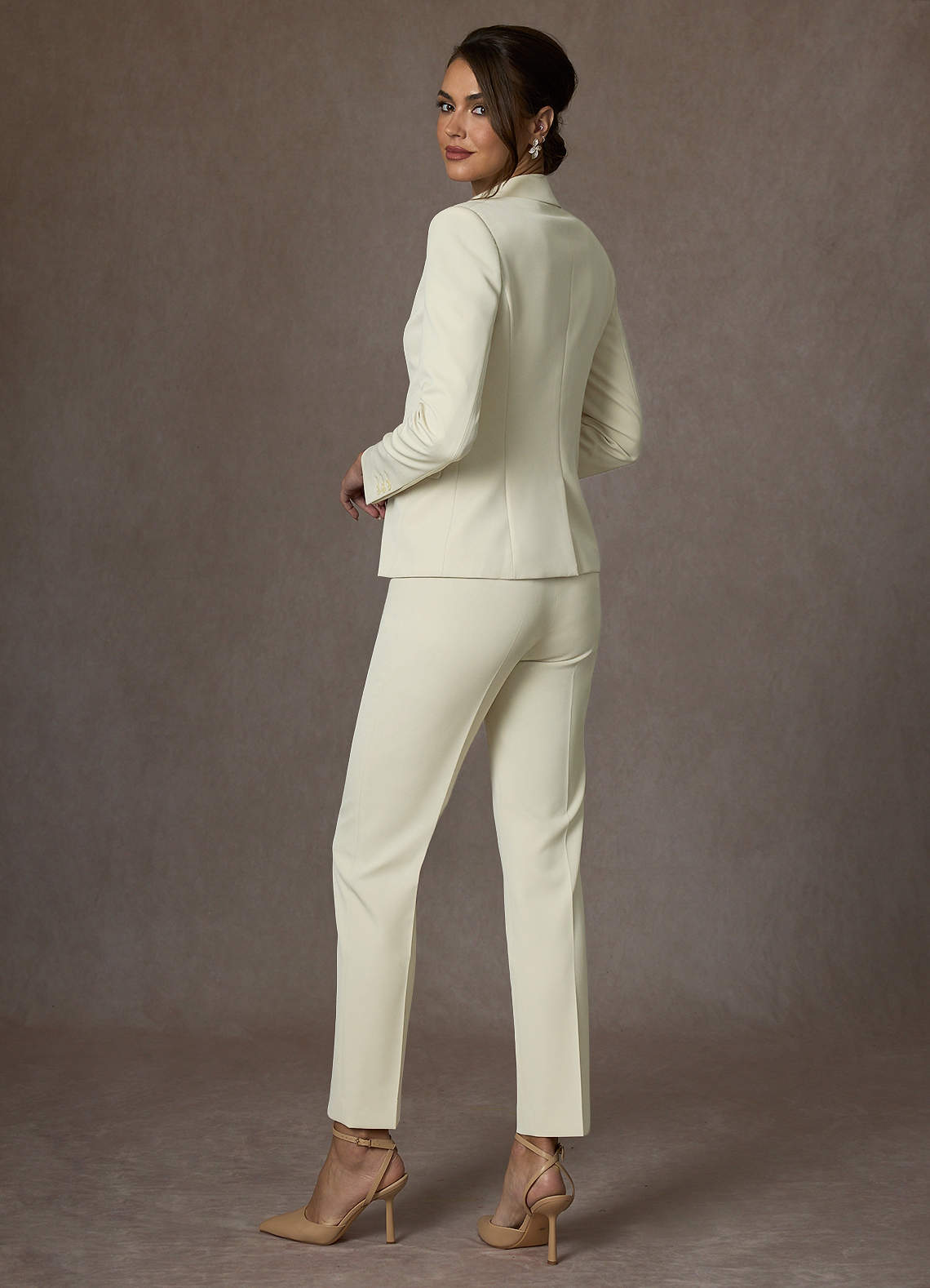 front Victoria Ivory Refined Weave Full Length Pants Suit