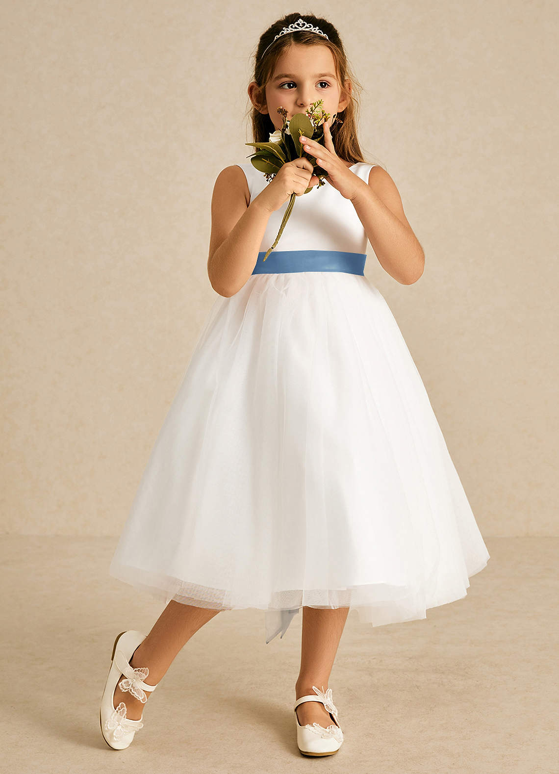 Azazie Kavi Flower Girl Dresses Ivory Steel Blue A-Line Bow Matte Satin Dress image2