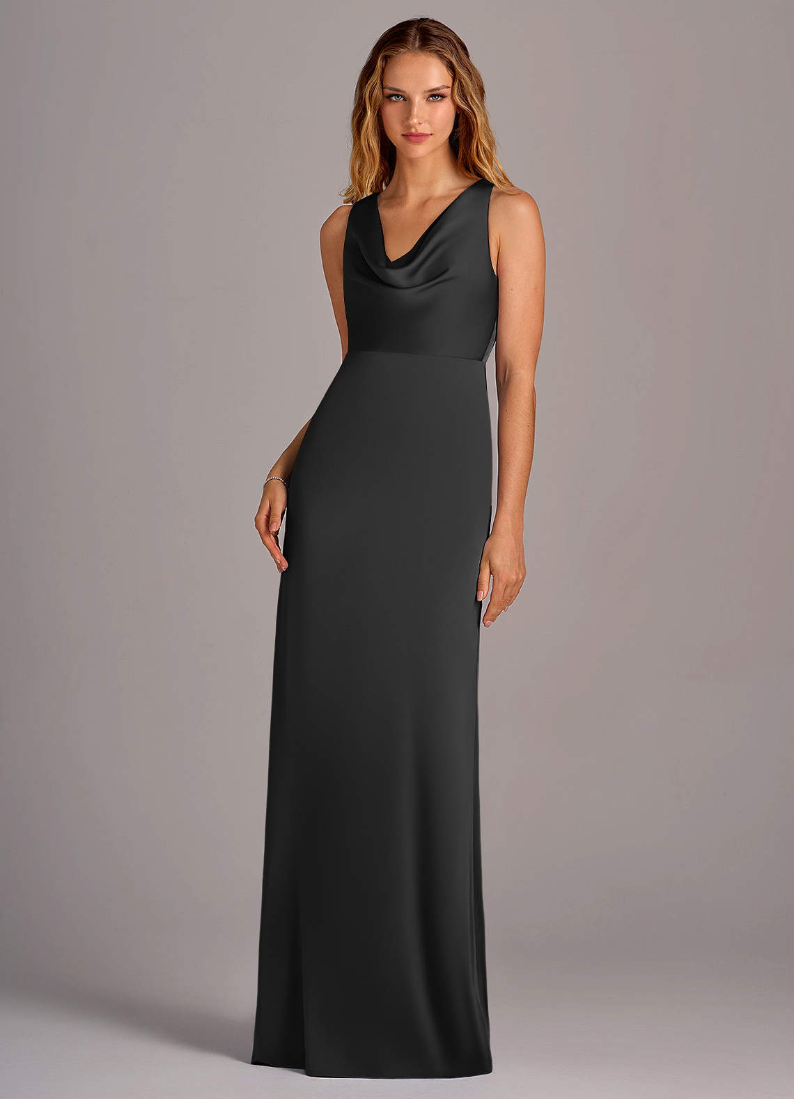 black stretch satin bridesmaid dress Azazie Wrenlee