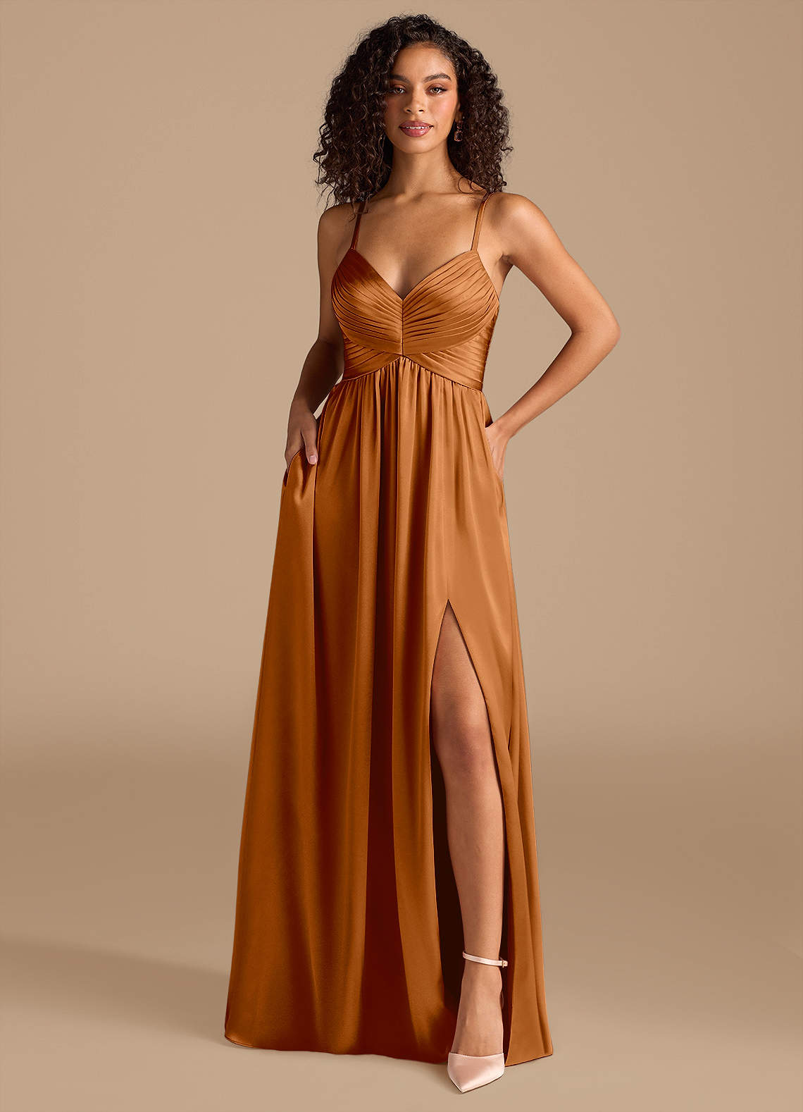 Azazie Alia Brautjungfernkleider A-Linie Plissee Metallischer Satin Kleid Kupfer image1