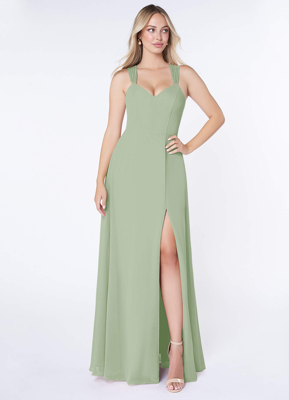 Azazie Jane Bridesmaid Dresses Dusty Sage A-Line V-Neck Pleated Chiffon Dress image1