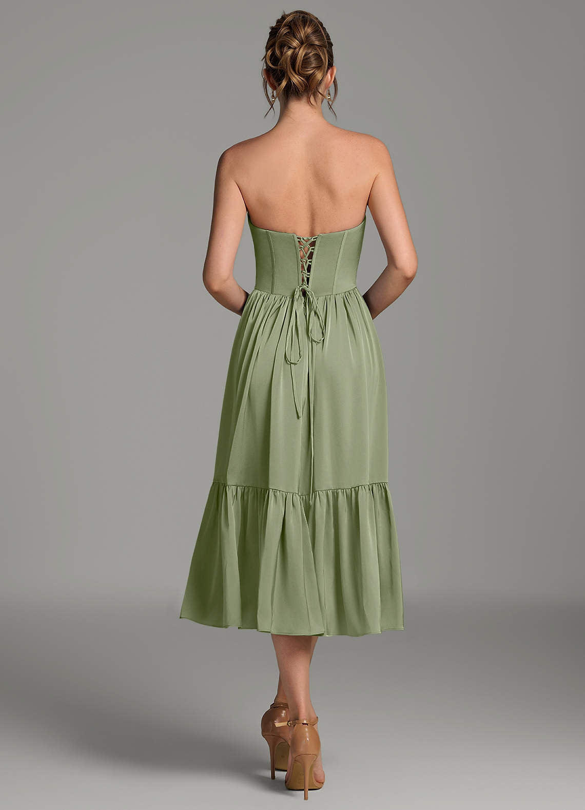 knee length multiway dress Azazie Delphina Pistachio Stretch Satin Bridesmaid Dresses certified organic