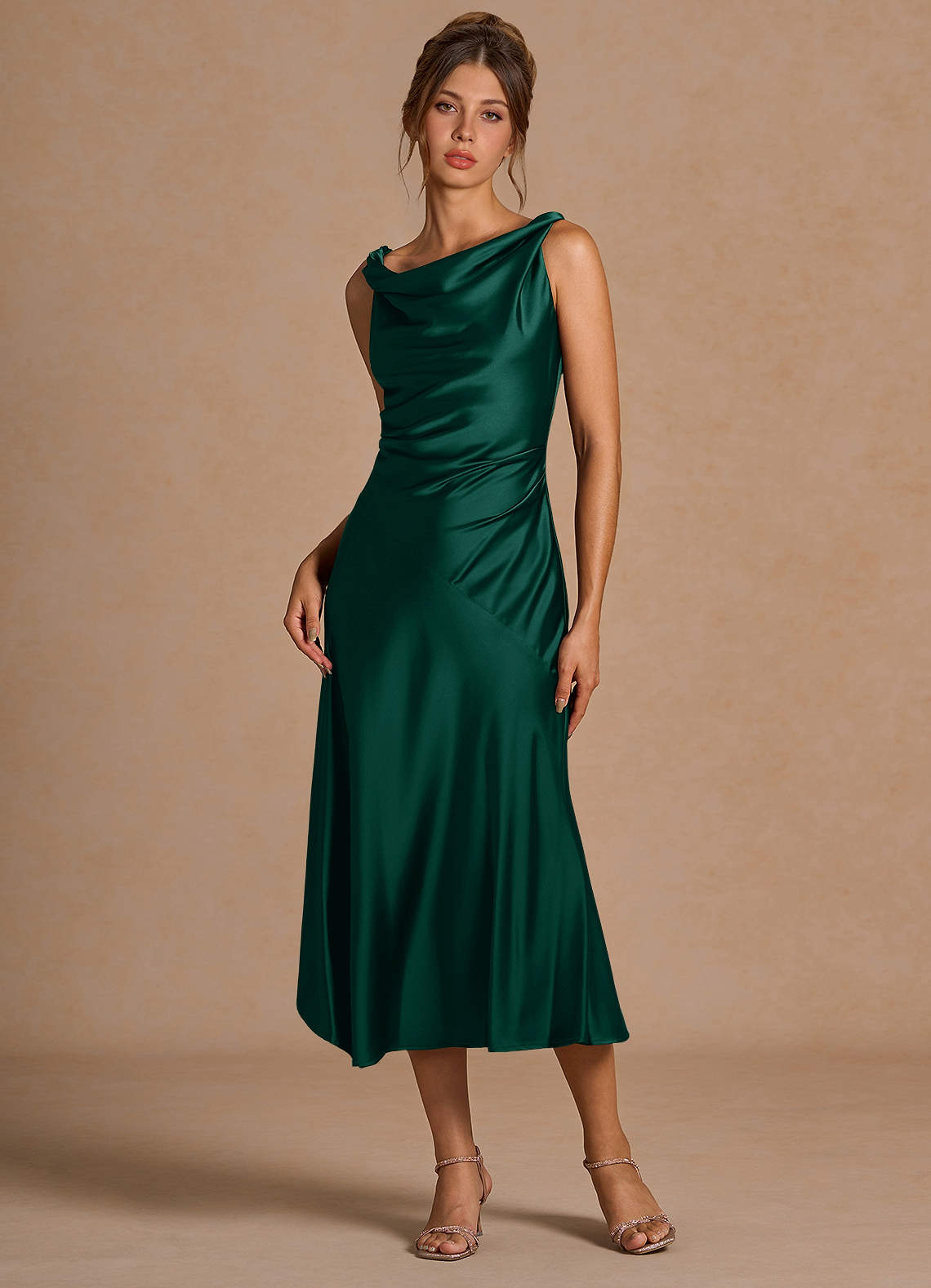 Azazie Midi Dresses Sheath Wedding Guest Semi-Formal Dresses Cowl Emerald