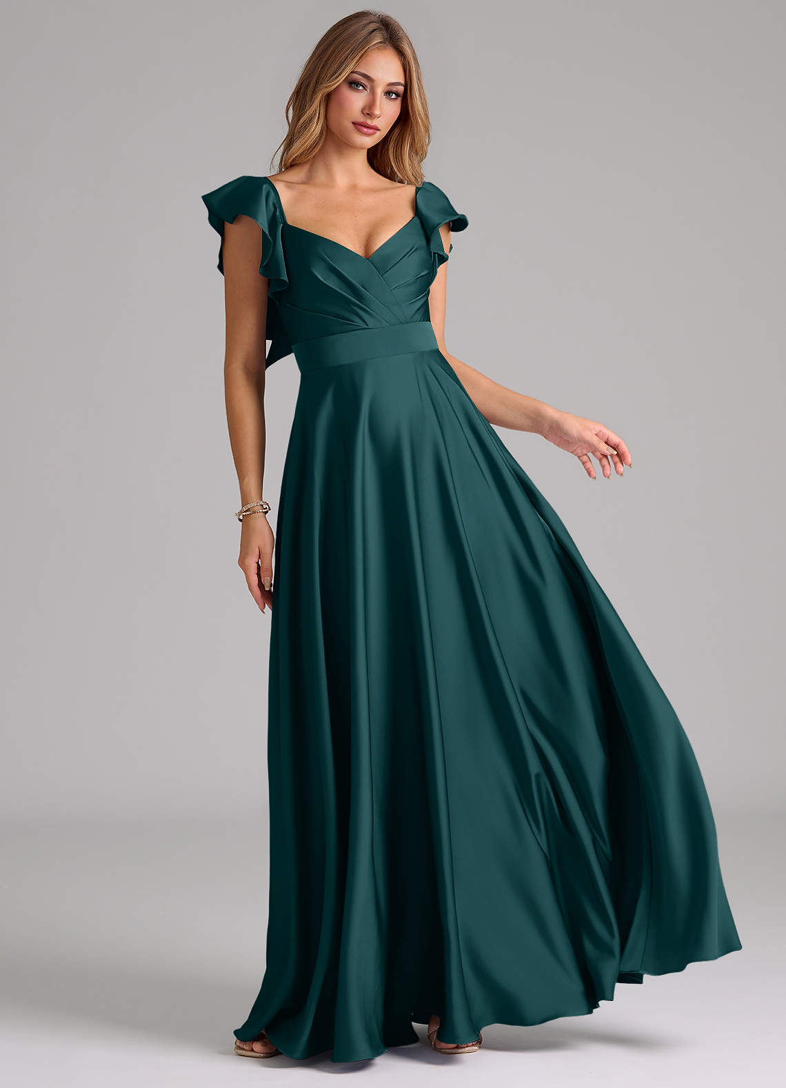 Azazie Leilani Bridesmaid Dresses Pine A-Line Ruched Stretch Satin Dress image1
