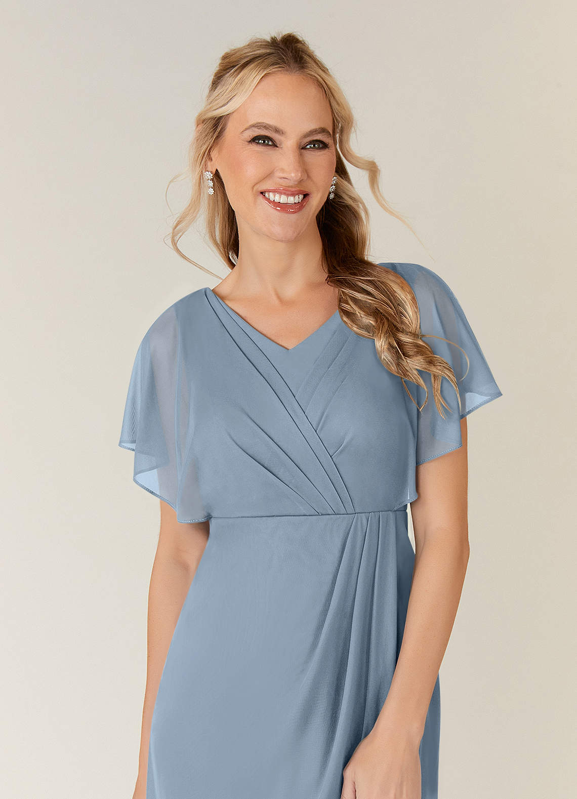 Azazie Waverly At-home Try On Dresses Dusty Blue Sheath Pleated Mesh Dress image4